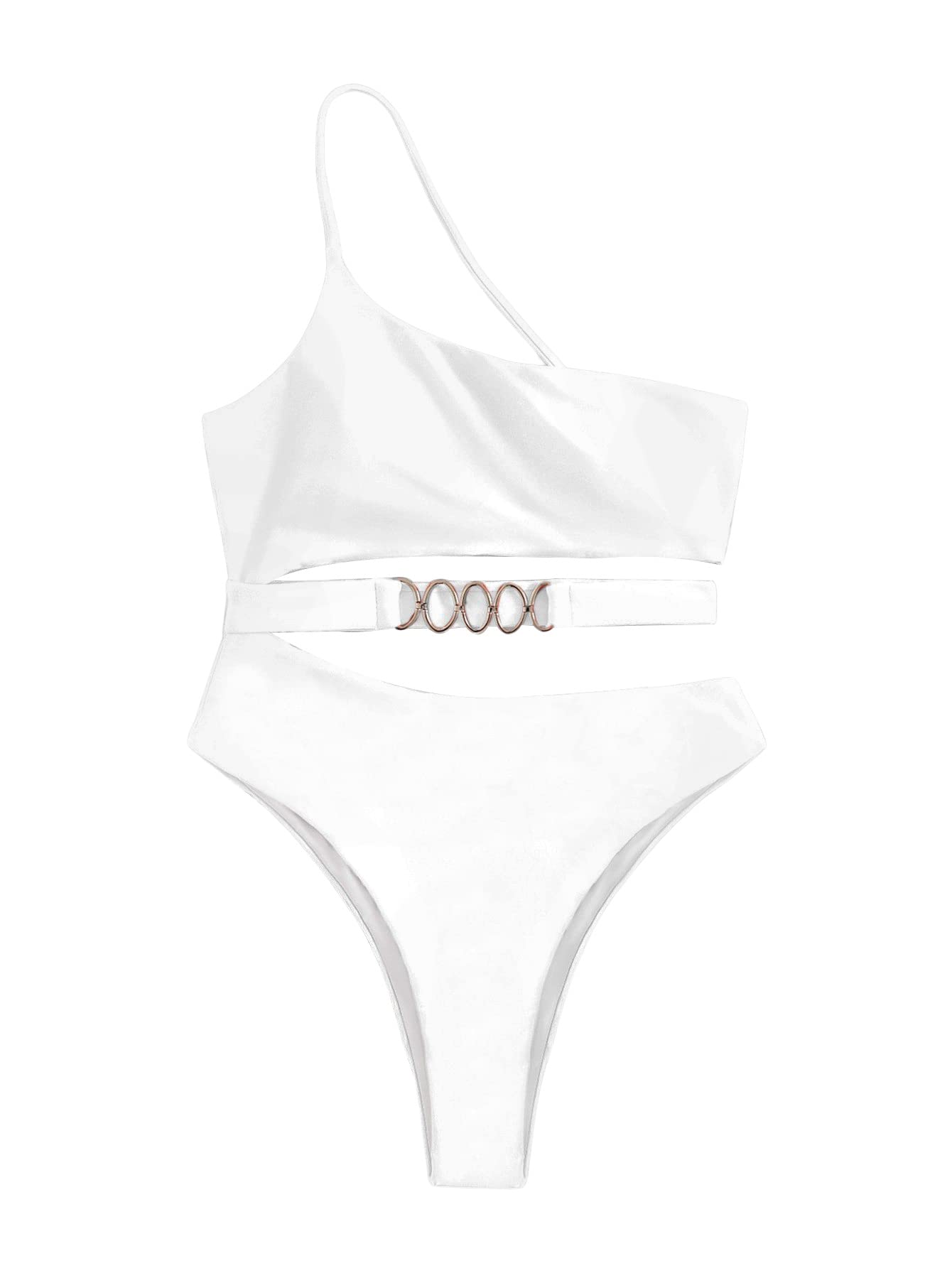 Romwe Women's Sexy One Shoulder Monokini Swimsuit - Ring Cut Out Cheeky One Piece Bathing Suit for Beach, Pool Party & Summer Vacation