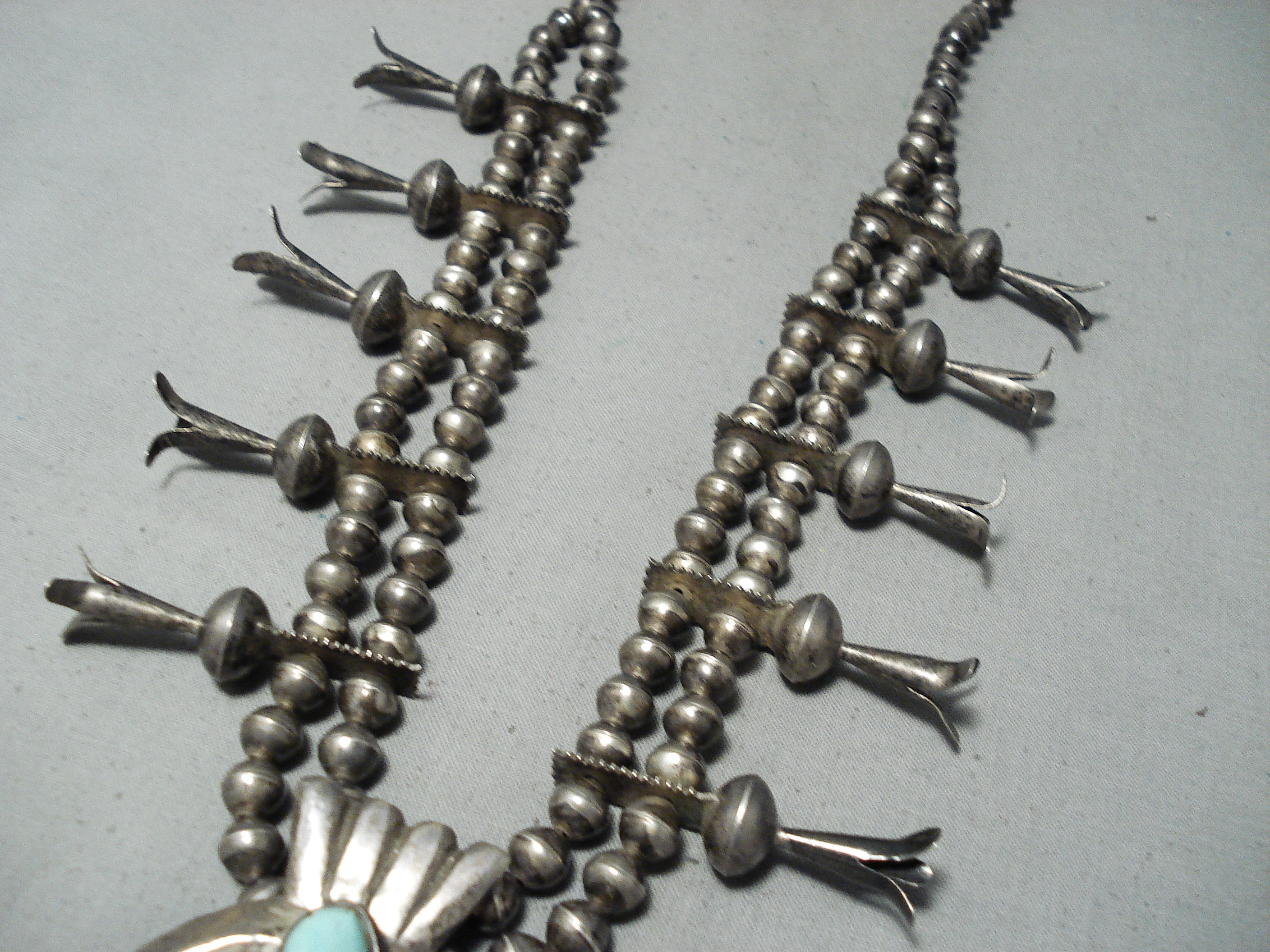 1920's Vintage Navajo Turquoise Sterling Silver Squash Blossom Necklace - Authentic Native American Jewelry for Women, Perfect for Boho Fashion, Weddings & Special Occasions
