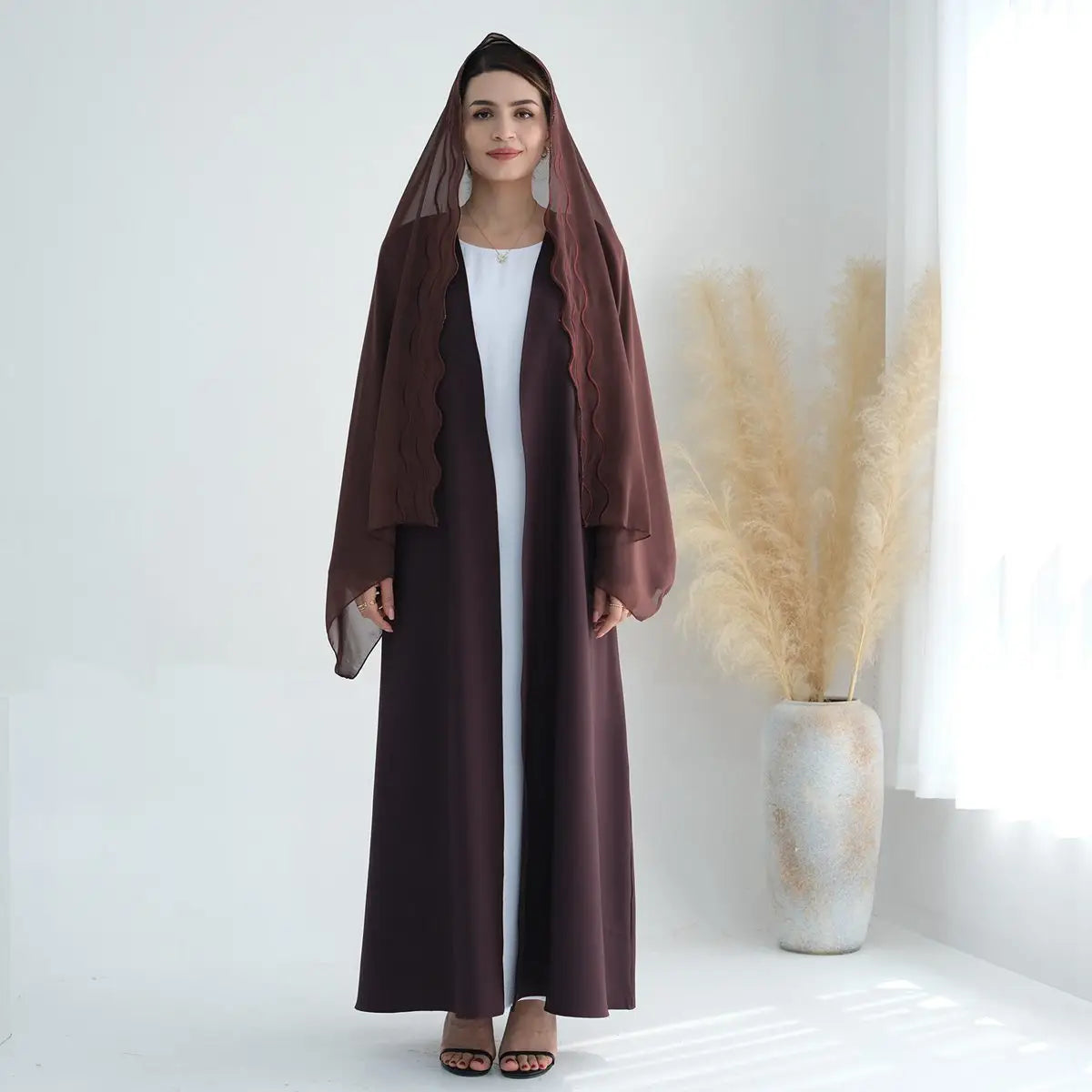 Elegant Hijab Embroidery Sleeve Cardigan Open Abaya Dress for Muslim Women - Perfect for Prayer, Mosque Visits & Special Occasions