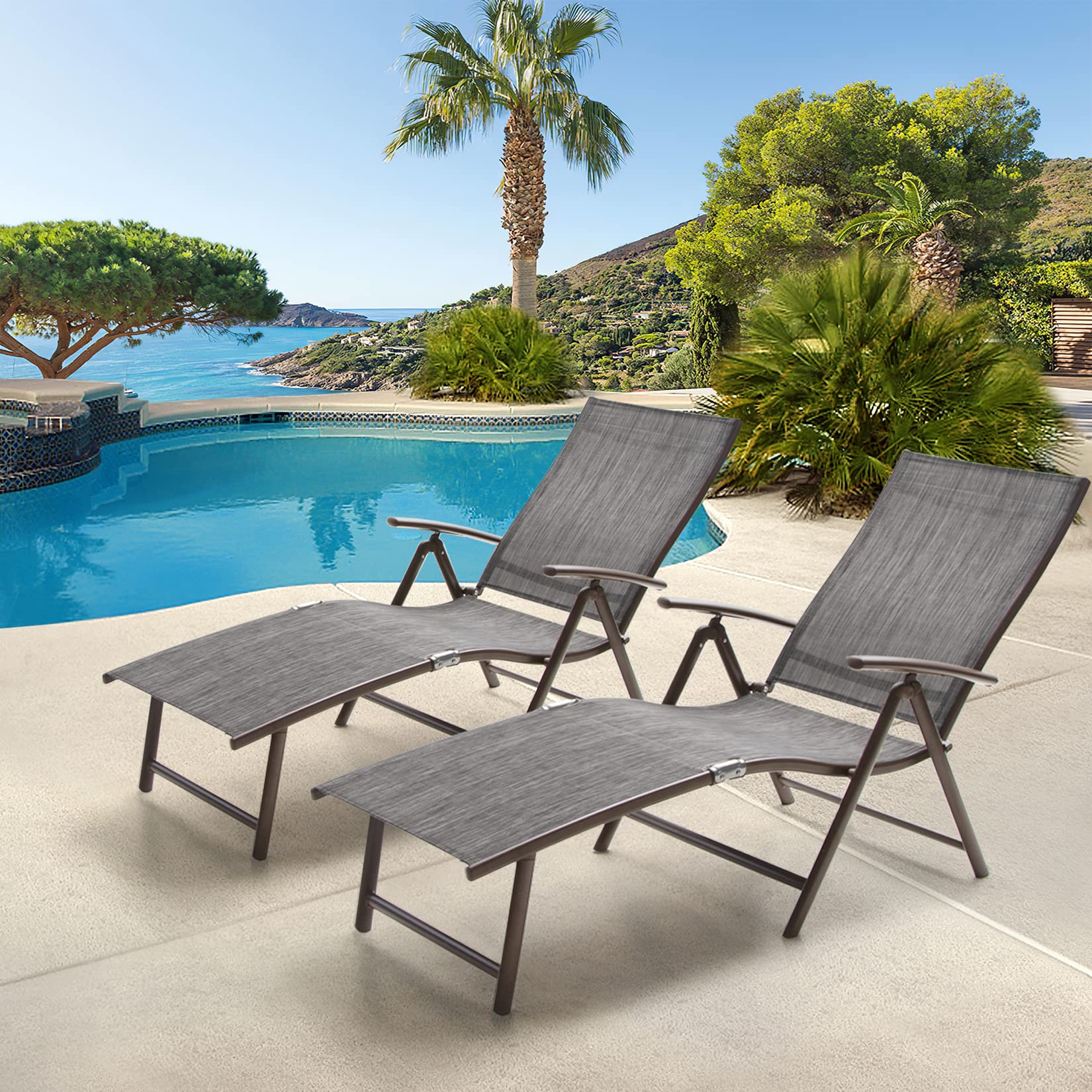 Pellebant 2-Piece Outdoor Chaise Lounge Set - Adjustable Aluminum Pool Lounge Chairs with Footrest, Foldable Patio Furniture for Beach, Poolside, Deck & Backyard (Black & Grey) - Perfect for Sunbathing, Relaxing & Outdoor Lounging