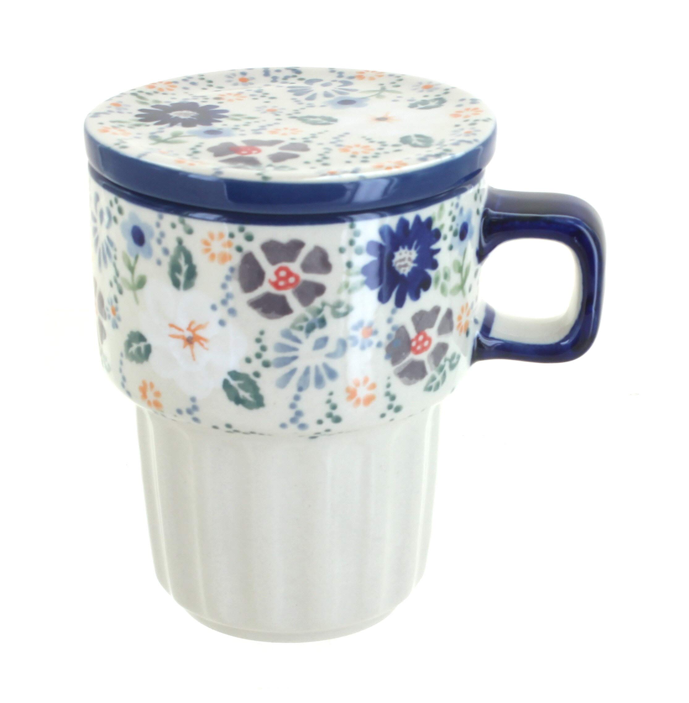 Blue Rose Polish Pottery Carnival Large Mug with Lid - Handmade Ceramic Coffee Cup for Home, Office & Gift - Perfect for Tea, Coffee & Hot Beverages