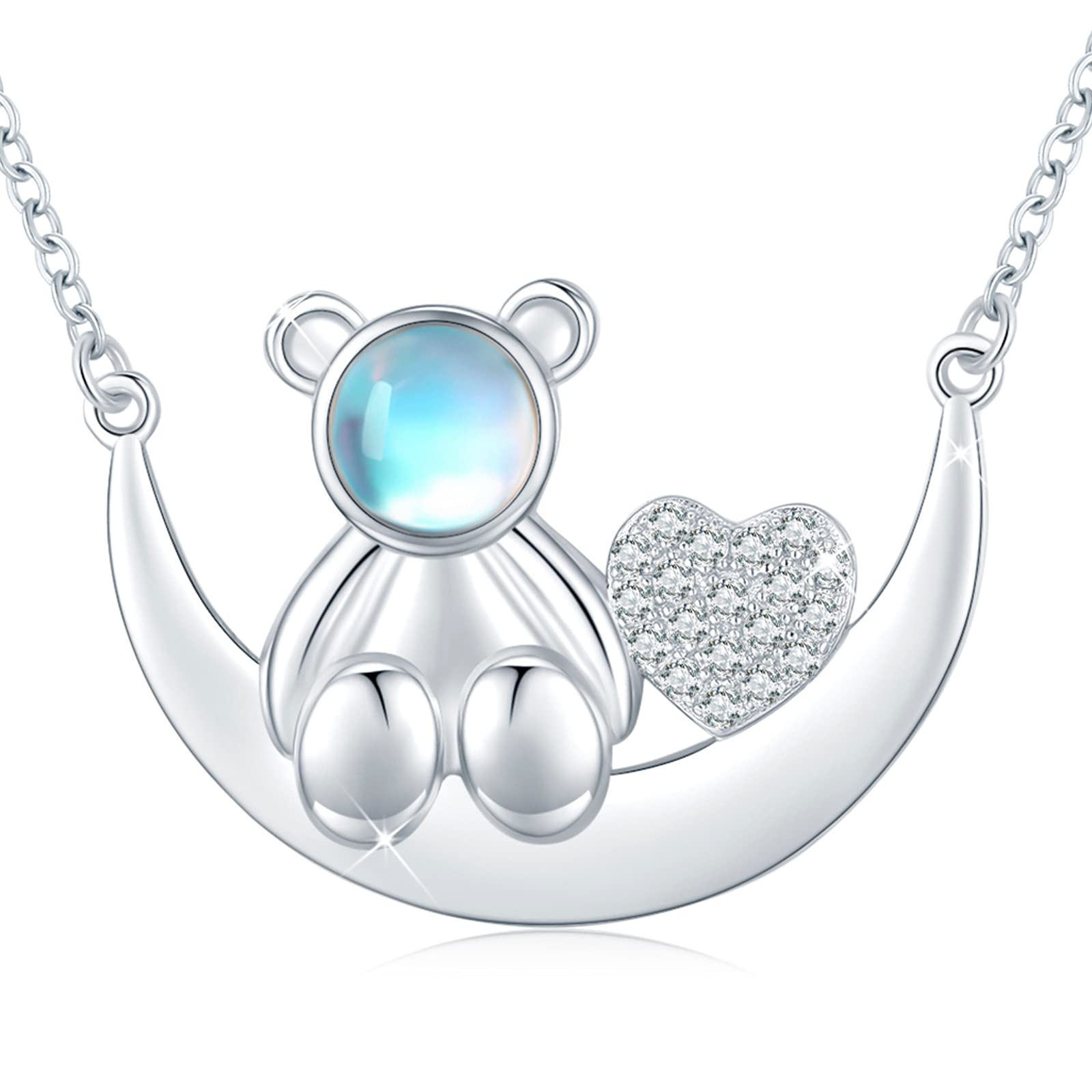 925 Sterling Silver Bear Necklace with Crescent Moon, Heart & Moonstone - Elegant Animal Pendant Jewelry for Women | Perfect Birthday Gift for Mom, Wife, Girlfriend | Ideal for Date Nights, Anniversaries & Special Occasions