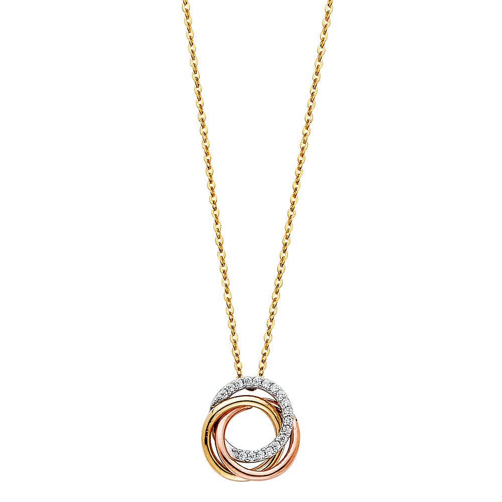14K Tri-Color Gold Fancy Cubic Zirconia 3 Rings Necklace for Women - Elegant Layered Pendant Jewelry Gift for Anniversary, Birthday & Special Occasions