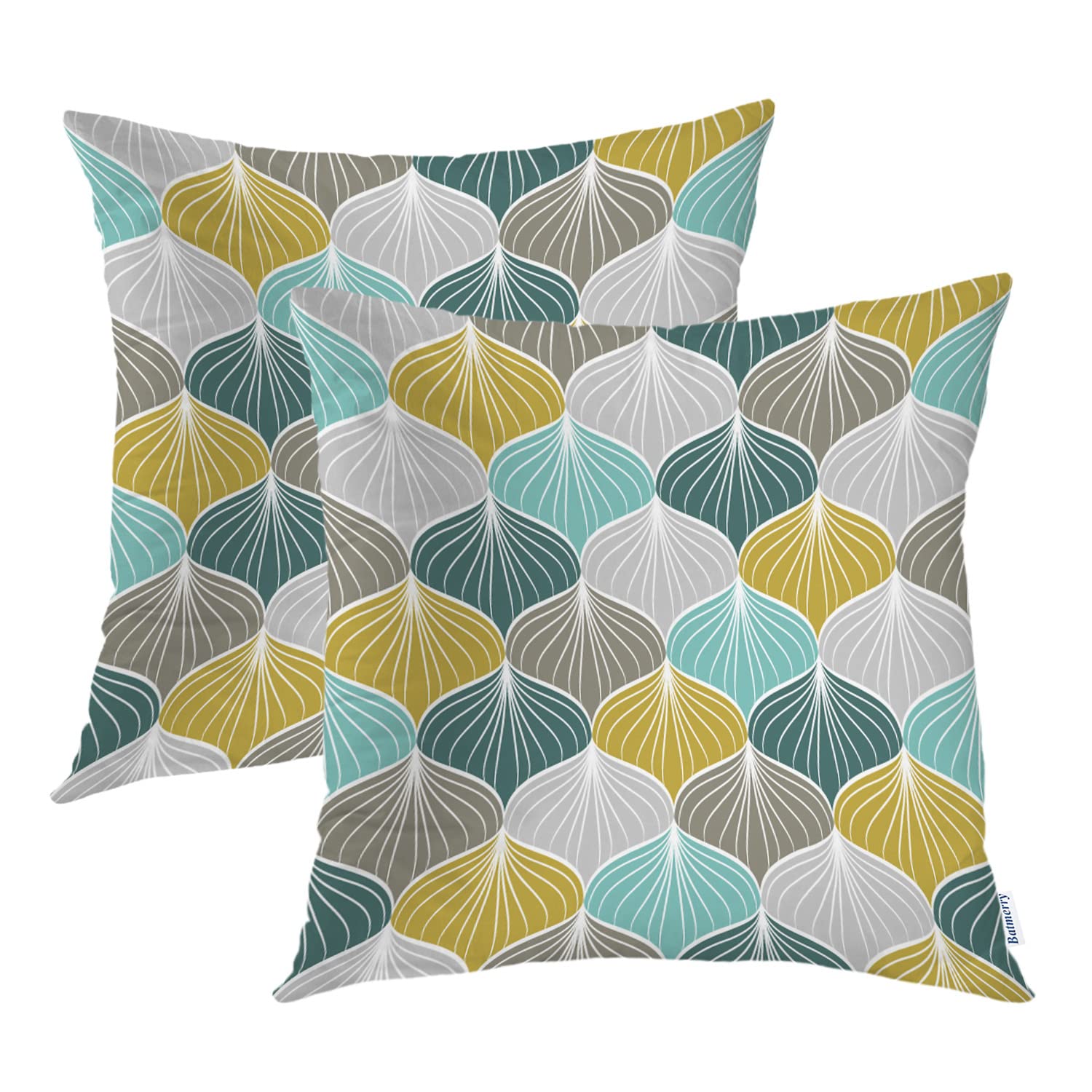 Batmerry 18x18 Inch Geometric Pillow Covers Set of 2 - Mustard Yellow & Green Retro Pattern for Sofa Decor