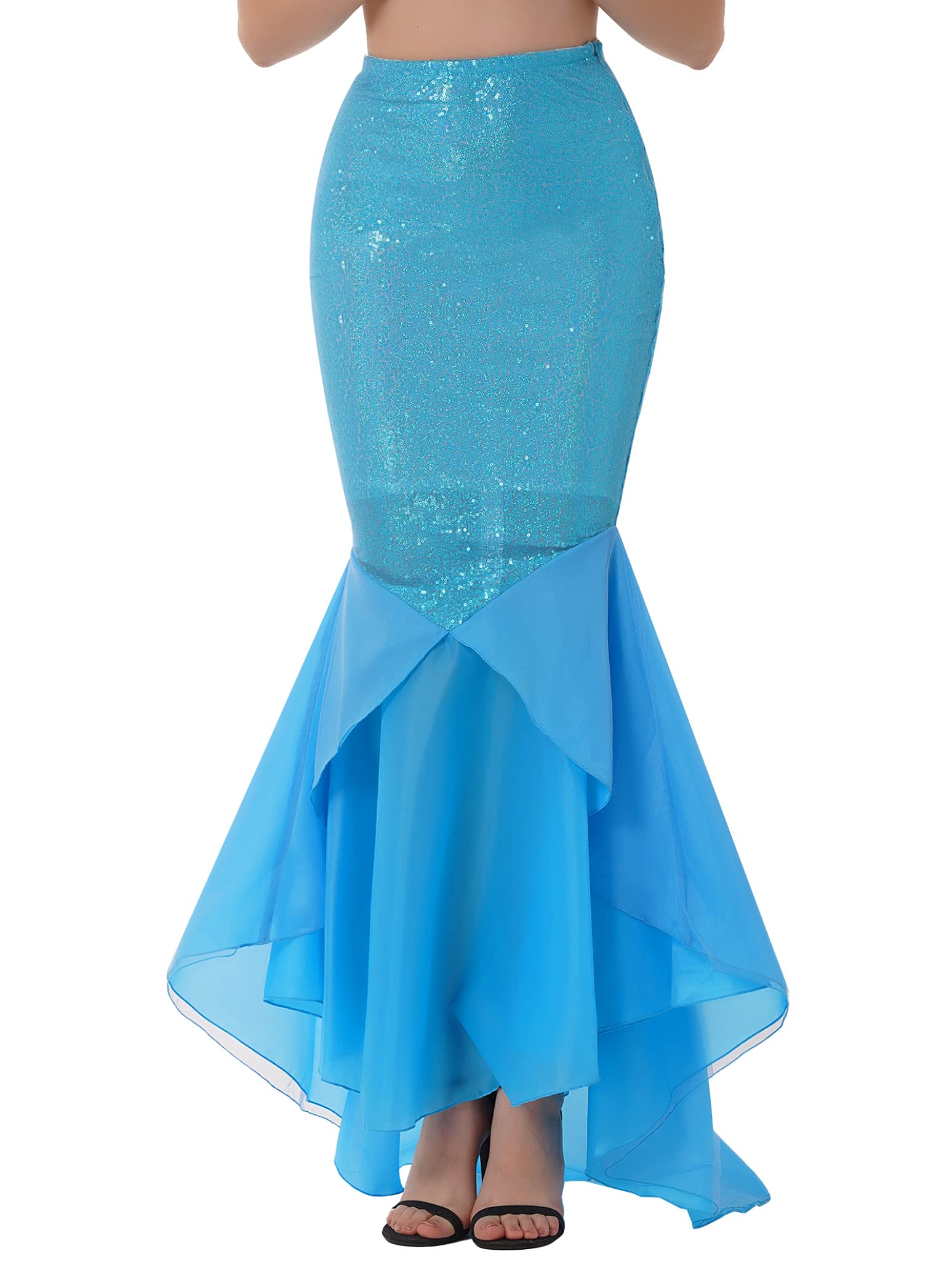 Women's Blue Mermaid Tail Halloween Costume - Sparkling Sequins Princess Maxi Skirt with Asymmetric Hem for Cosplay, Party & Dress Up | Perfect for Halloween, Themed Parties & Mermaid Costume Events