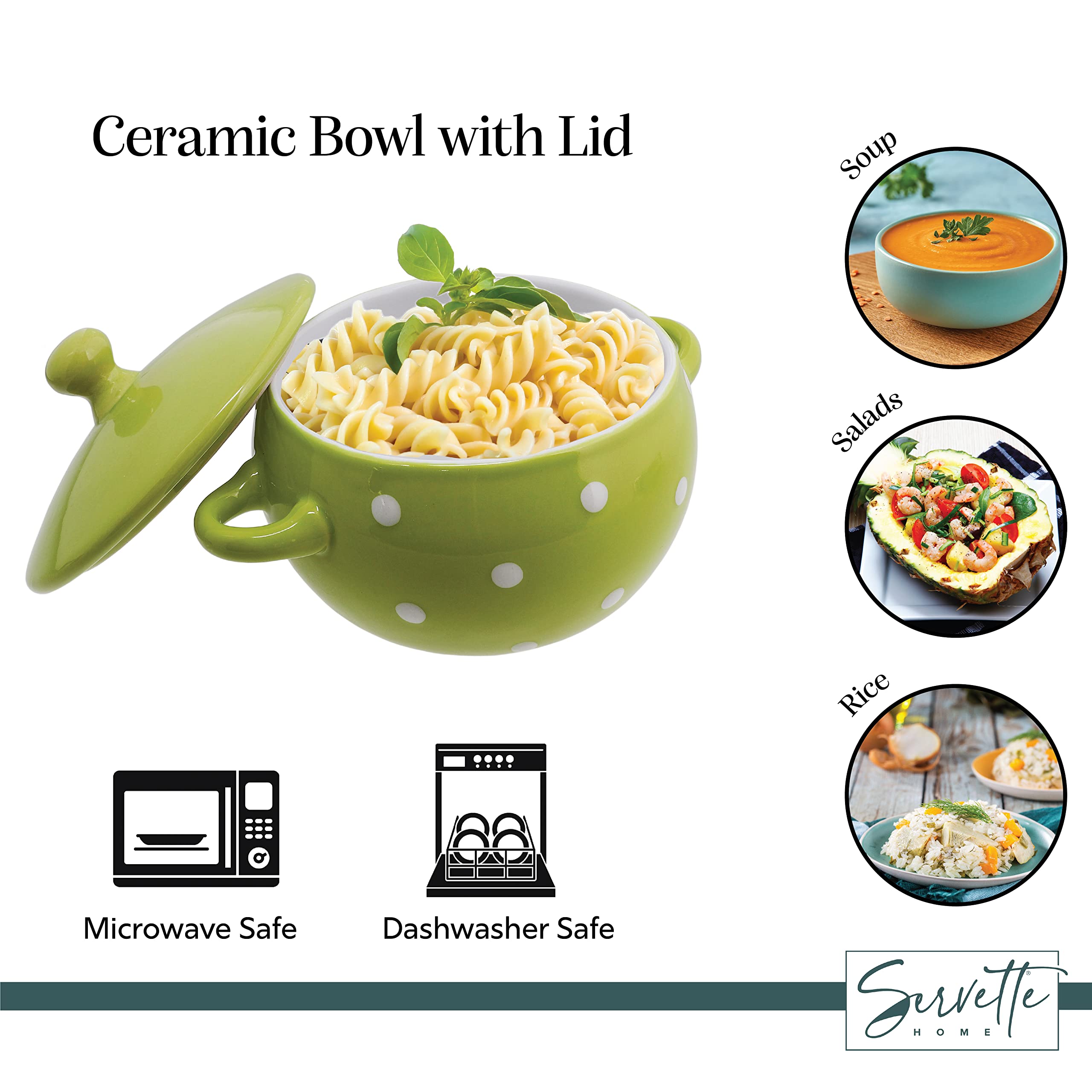12 oz Green Polka Dot Ceramic Soup Bowls with Lids & Handles - Set of 4, Microwave & Dishwasher Safe, Perfect for Soup, Salad, Cereal & Meal Prep