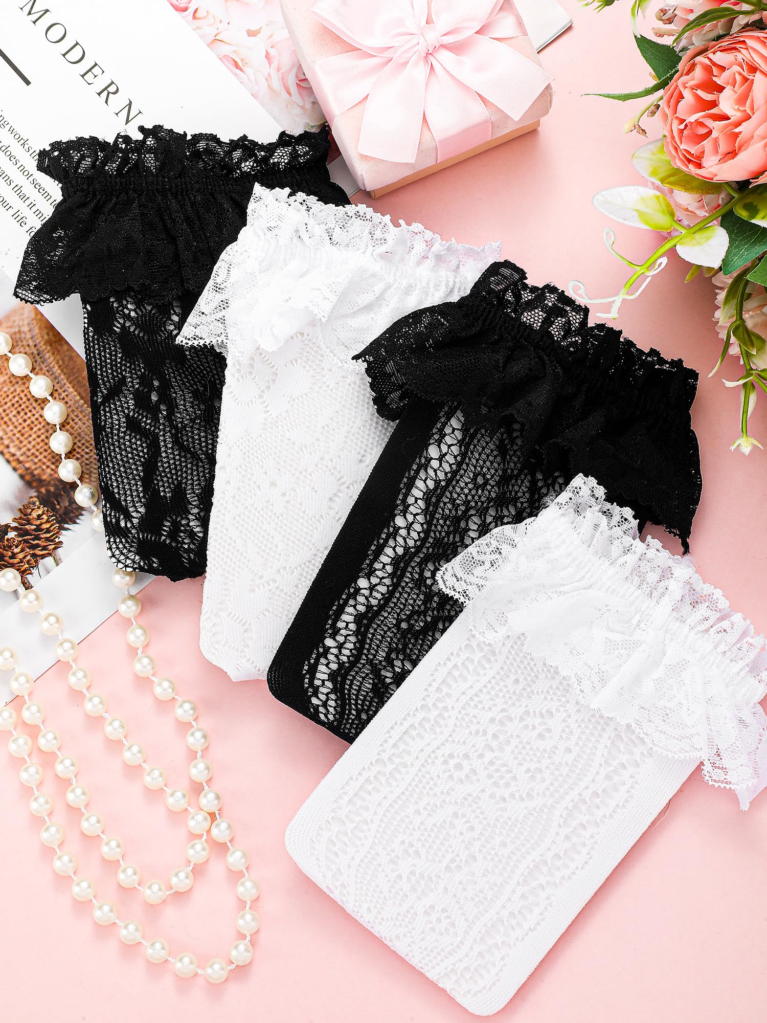 Geyoga 4 Pairs Women's Lace Ruffle Ankle Socks - Cute Frilly Dress Socks for Ladies, Princess Style Accessories - Perfect for Weddings, Parties & Everyday Outfits