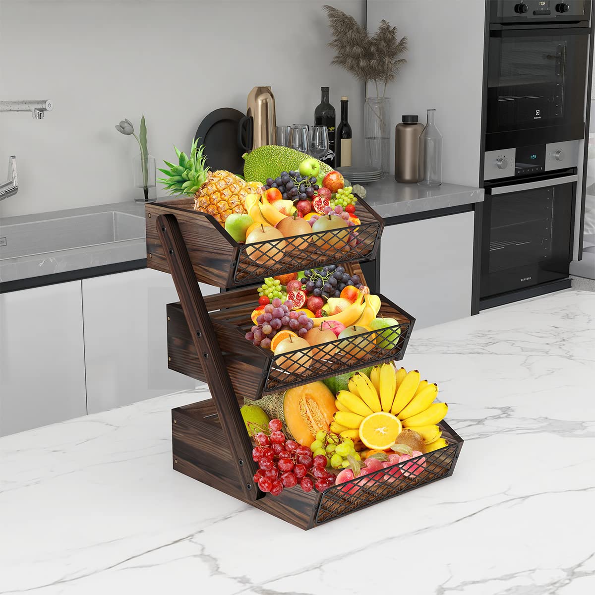 3-Tier Wooden Fruit Basket for Kitchen Countertop - Sturdy & Stylish Vegetable Holder for Apples, Bananas, Oranges - Perfect for Dining Room, Pantry & Farmhouse Decor