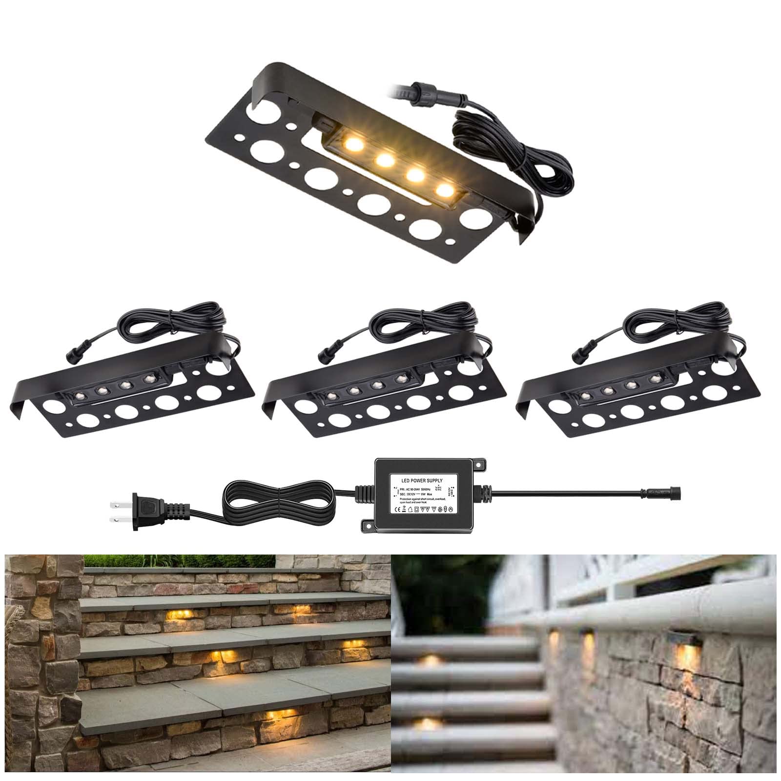RNEHON 7-Inch Hardscape Lighting Paver Light - 4-Pack Retaining Wall Lights with Replaceable LED Strip, 12V Low Voltage Deck Light (1.5W, IP67 Waterproof) - Perfect for Outdoor Stair, Pathway, and Garden Landscape Lighting (Black)