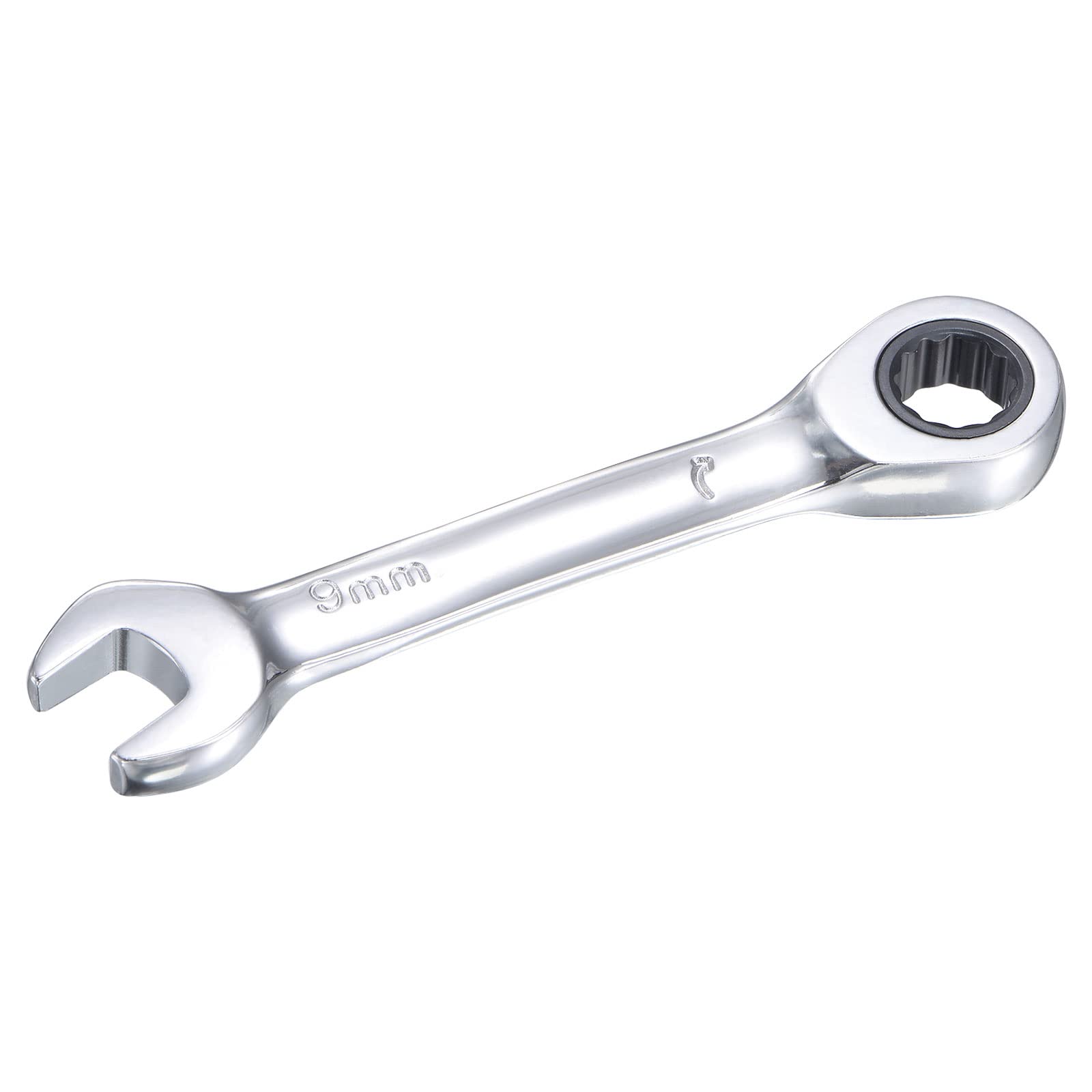 uxcell 9mm Stubby Ratcheting Combination Wrench - Metric 72-Tooth 12-Point Box End - CR-V Steel for Tight Spaces & DIY Auto Repair