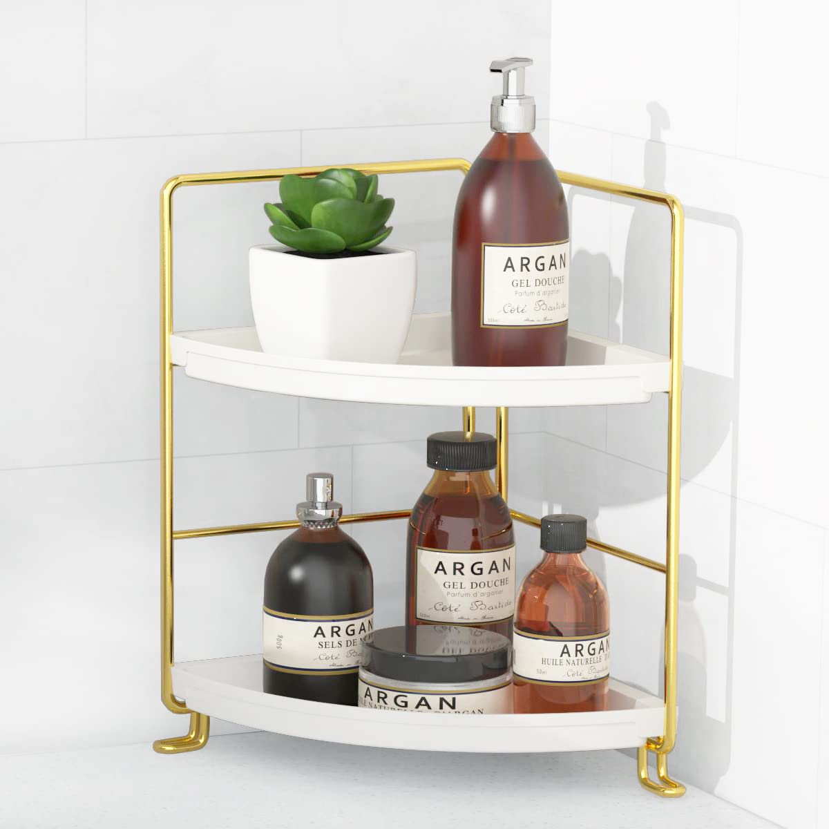 2-Tier Corner Bathroom Countertop Organizer - Gold Spice Rack & Makeup Storage Shelf for Vanity, Kitchen, Bedroom | Space-Saving Bath & Beauty Organizer for Small Spaces