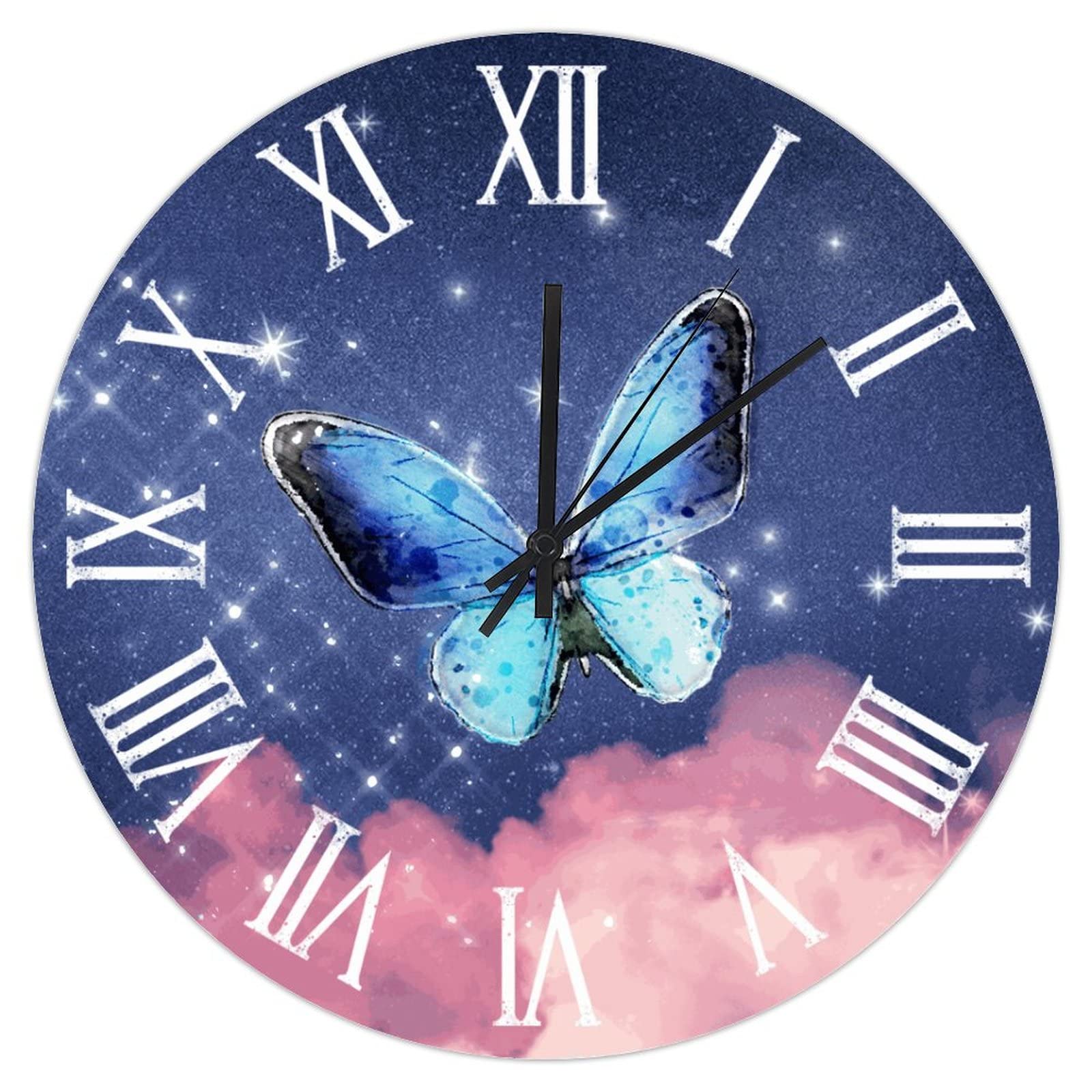 Blue and Purple Galaxy Starry Sky Butterfly Wall Clock - 12 Inch Decorative Wood Round Silent Non-Ticking Battery Operated Clock for Living Room, Bedroom, Home Office & School Decor - Perfect for Boho, Vintage & Celestial Themed Spaces