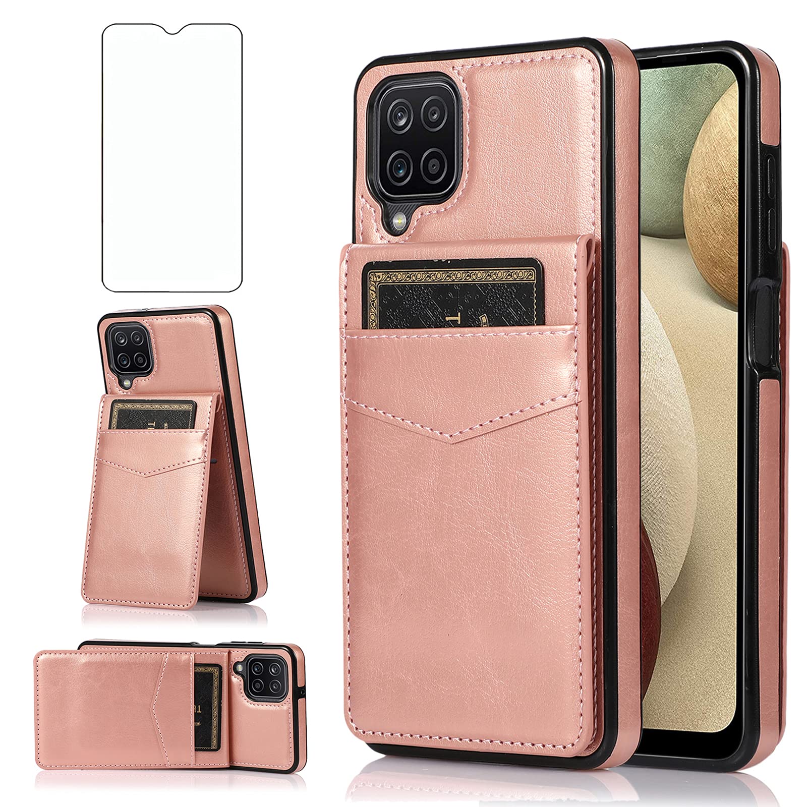 Samsung Galaxy A42 5G Phone Case with Tempered Glass Screen Protector, Credit Card Holder & Stand - Premium Leather Wallet Cover for Galaxy A42 5G/A42 4G (2021 Model) - Rose Gold Women's Design for Everyday Protection & Convenience