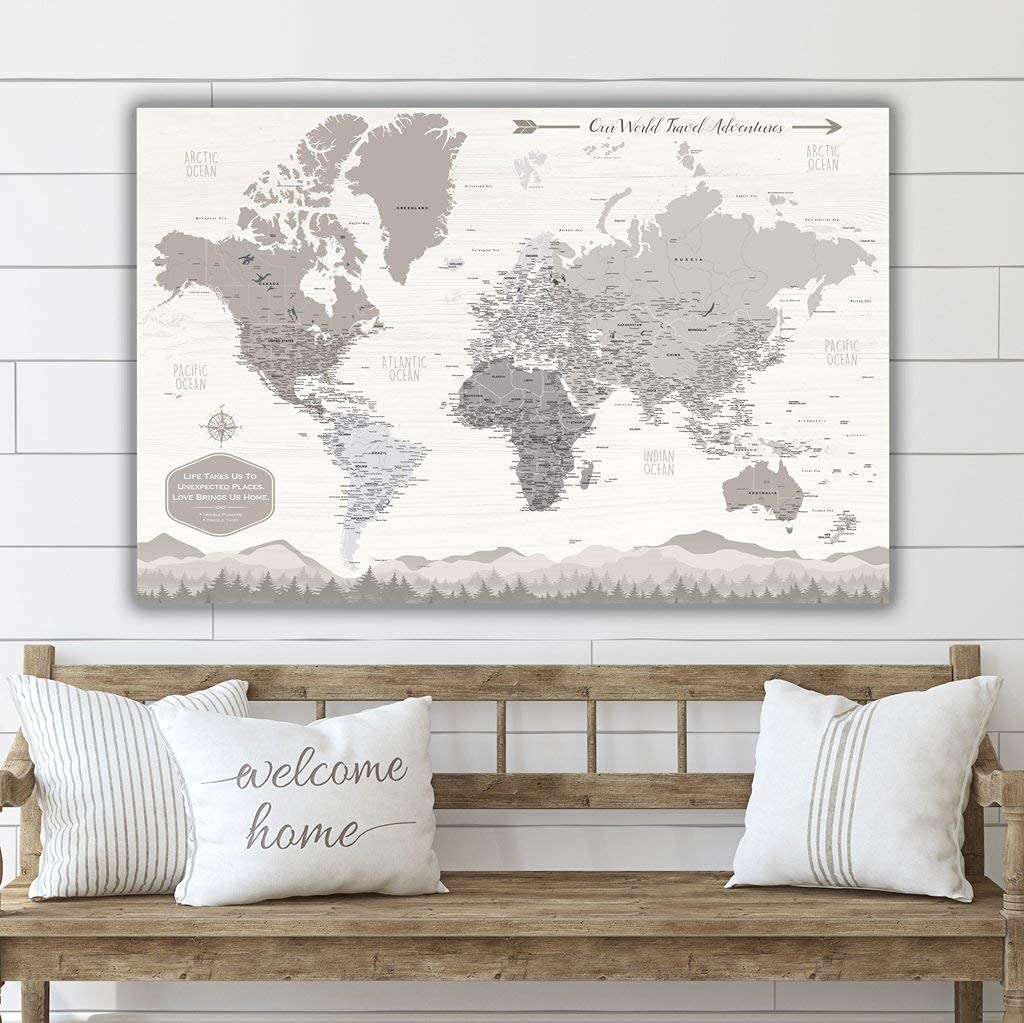 Personalized Farmhouse Push Pin World Map on Canvas - 3 Sizes with Travel Pins Included - Custom Travel Tracker for Home & Office Decor - Perfect Gift for Travel Lovers & Adventurers - Mark Your Journeys in Style