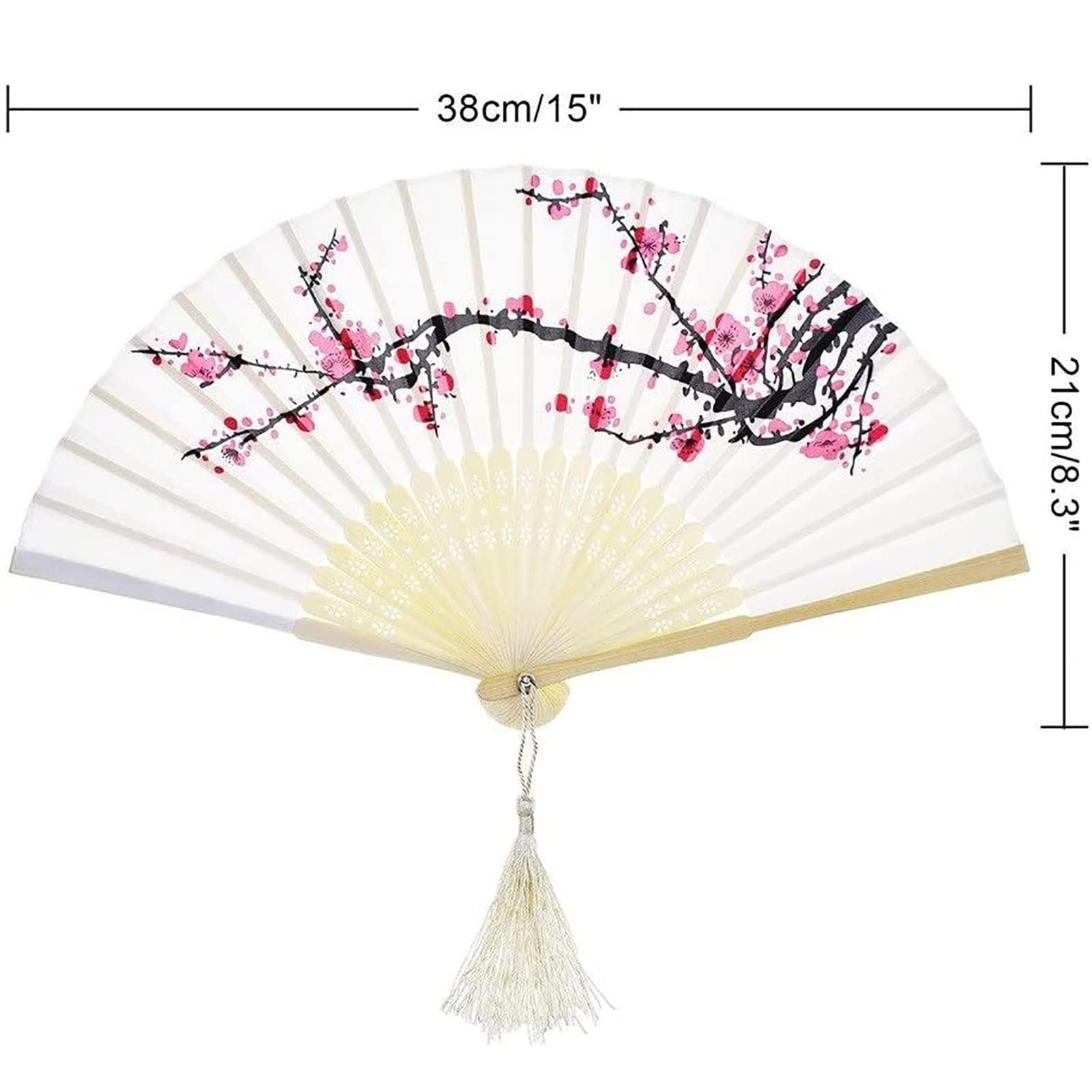 Chinese Style Folding Hand Fan - Beautiful Plum Blossom Printed Bamboo Handheld Fan with Tassel, 8.3 Inch Elegant Home Decor & Wedding Accessory | Perfect for Asian Weddings, Tea Ceremonies, Home Decoration and Summer Cooling
