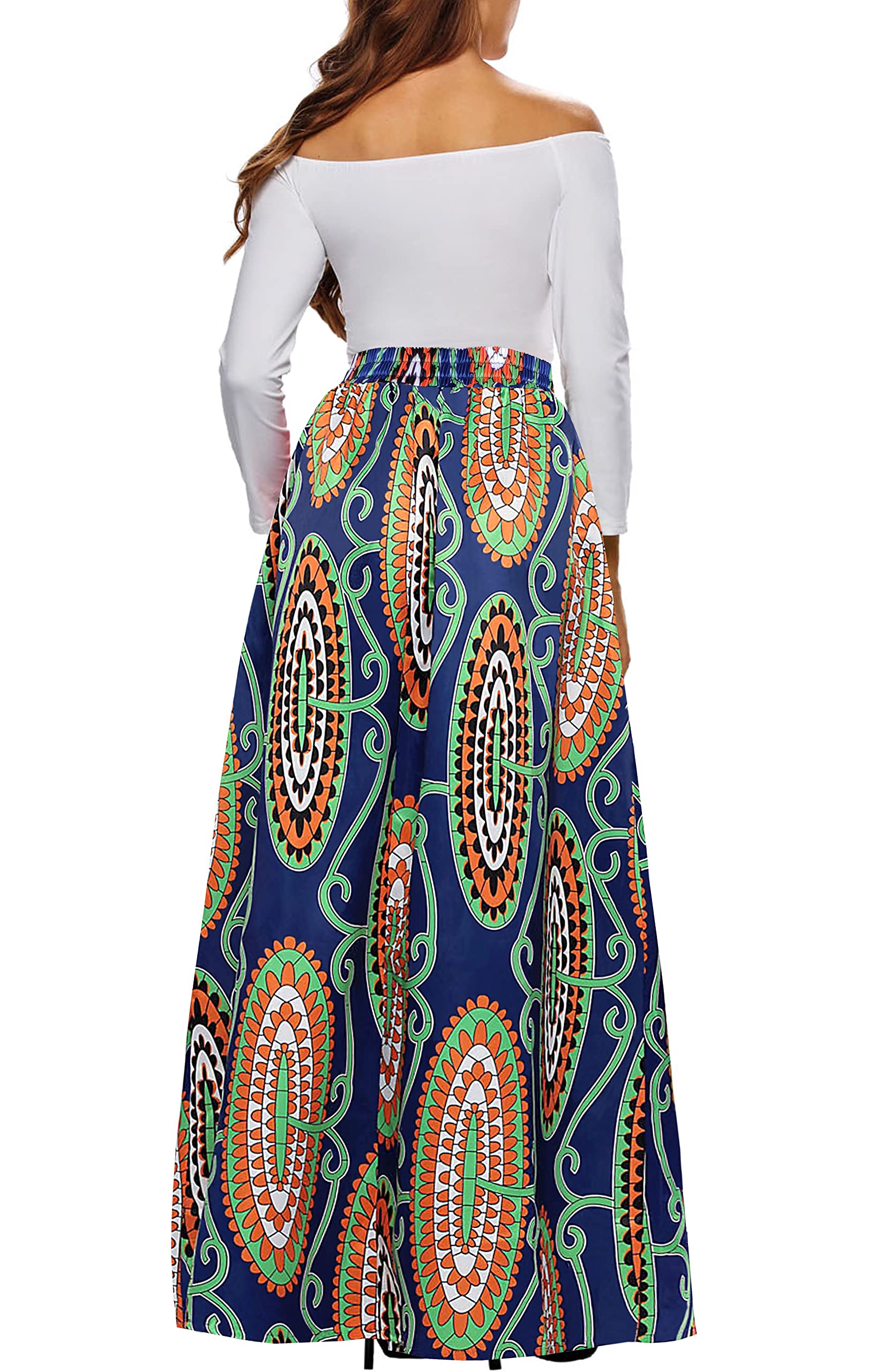 Afibi Women's African Print Maxi Skirt - Flared A-Line Long Skirt with Pockets (Sizes S-5XL) | Boho Chic Summer Dress for Beach, Vacation & Casual Wear