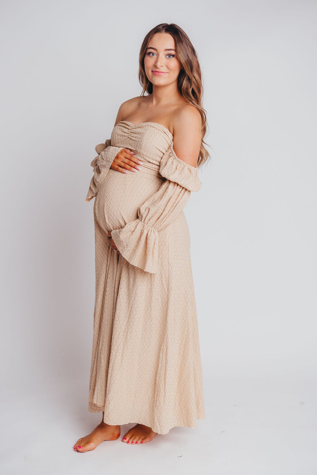 Corrine Tiered Sleeve Maxi Dress with Pockets - Bump Friendly Maternity Dress in Beige | Perfect for Pregnancy, Nursing, and Special Occasions