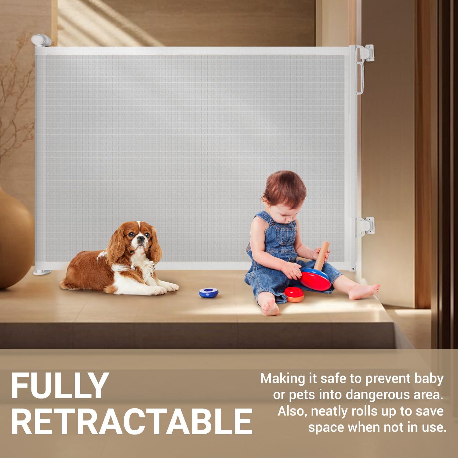 Newnice 55 Inch Extra Wide Retractable Baby & Dog Gate for Large Openings - Indoor/Outdoor Safety Barrier for Stairs, Doorways, Hallways - White | Perfect for Homes with Pets & Toddlers (Baby Proofing & Pet Containment Solution)