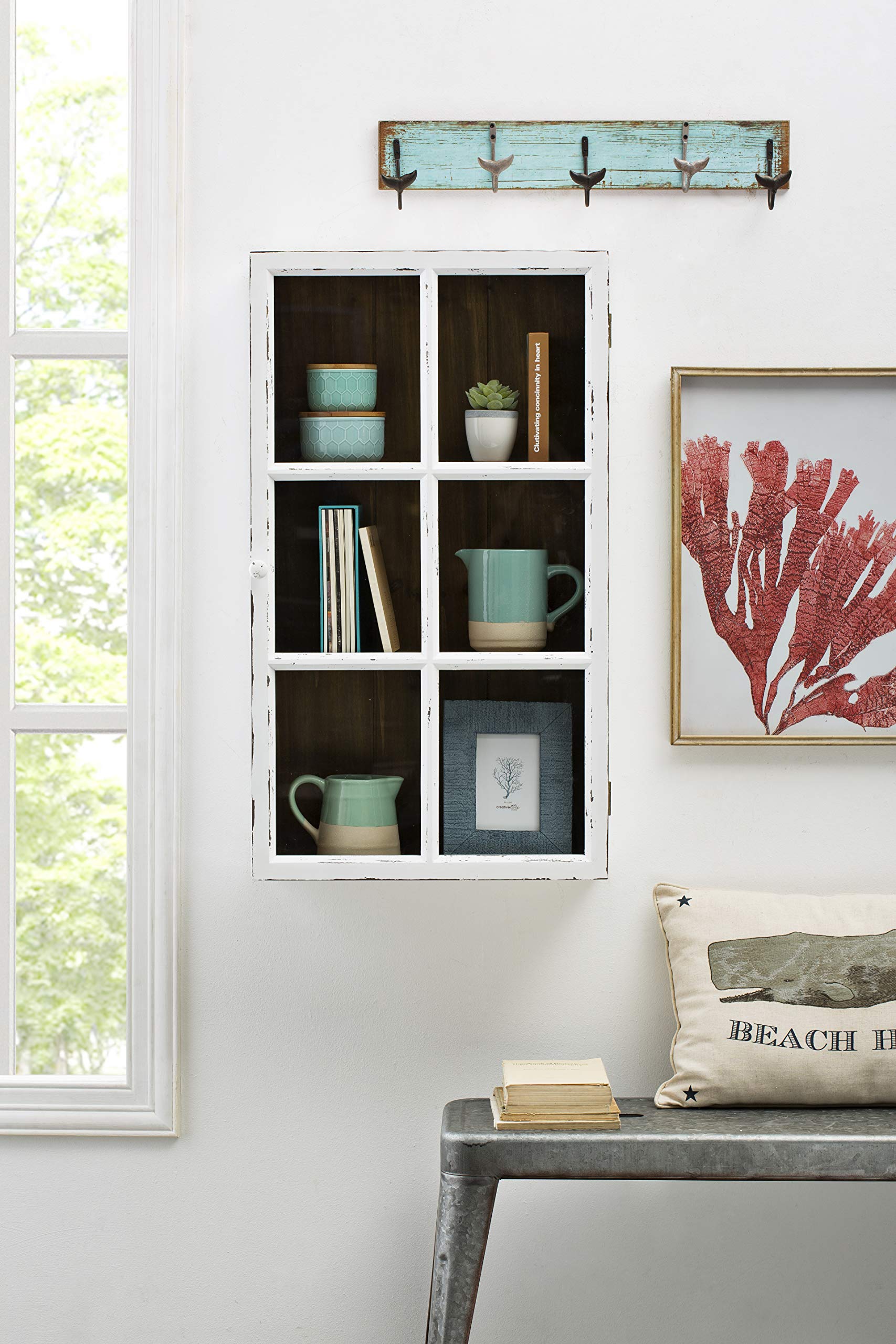 Antique White Wood Wall Shelf Cabinet with 3 Shelves - Rustic Farmhouse Decor for Living Room, Bathroom & Kitchen Storage