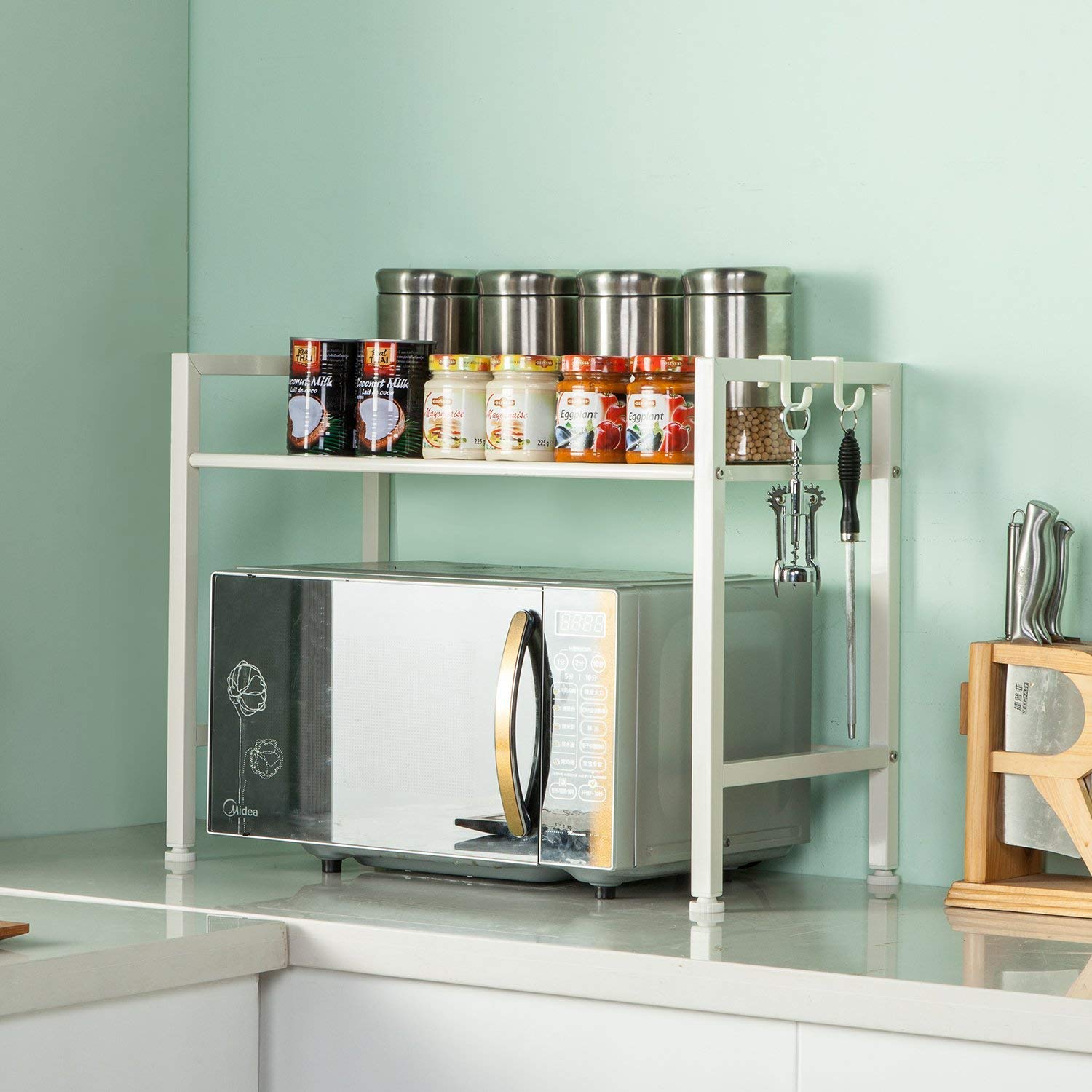 Compact White Kitchen Shelf - Black Metal Storage Rack for Microwave & Spices, Holds 50kg - Perfect for Small Kitchens & Space Saving