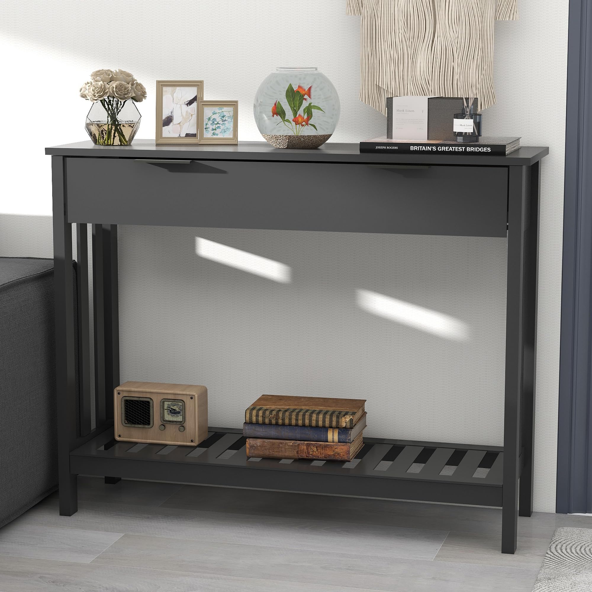 Modern Black Entryway Table with Drawer - Slim Wooden Console Table with Storage for Hallway, Living Room & Office - Perfect for Small Spaces, Front Door Decor & Sofa Side Table - Home & Office Organization Solution