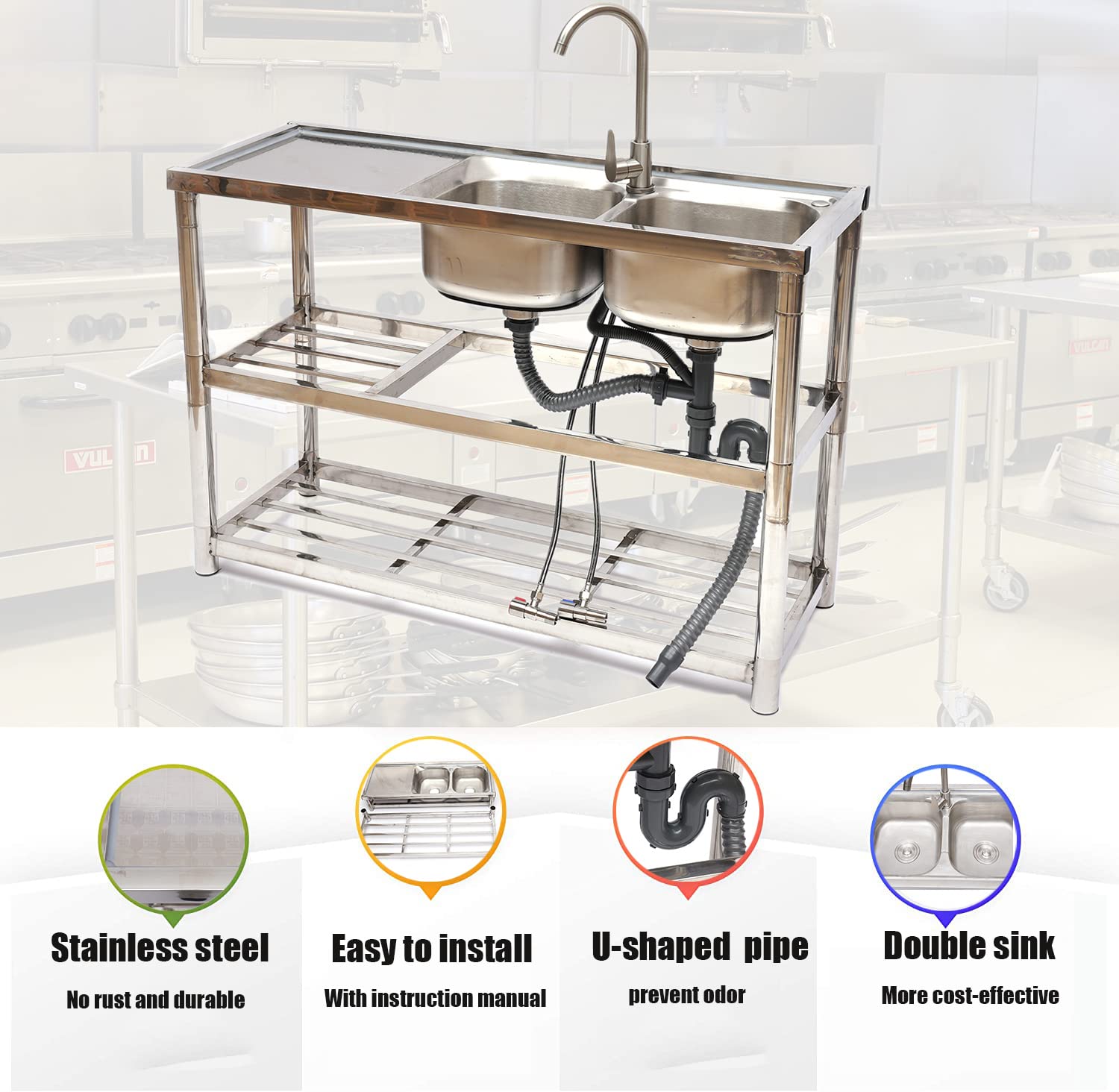 **Commercial 304 Stainless Steel Double Bowl Restaurant Sink with Storage Shelves & Drainer Faucet Combo – Heavy-Duty Kitchen Utility Sink for Restaurants, Cafes, and Food Prep Areas**