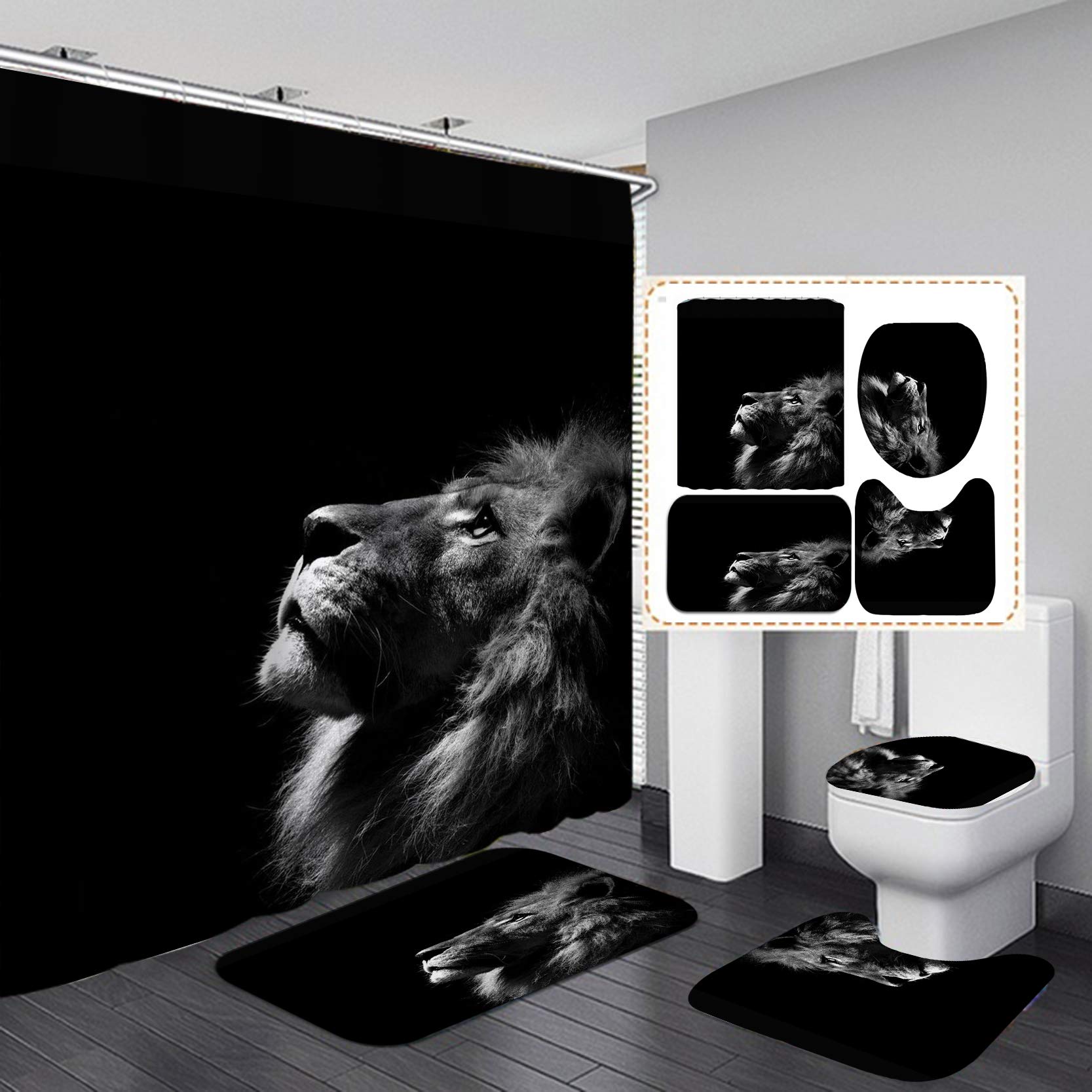 4-Piece Wild Animal Shower Curtain Set - Lion King Forest Theme with Non-Slip Bath Mat & Toilet Cover | 72x72 Inch Waterproof Bathroom Decor with 12 Hooks | Perfect for Jungle, Safari, or Kids' Bathroom Design