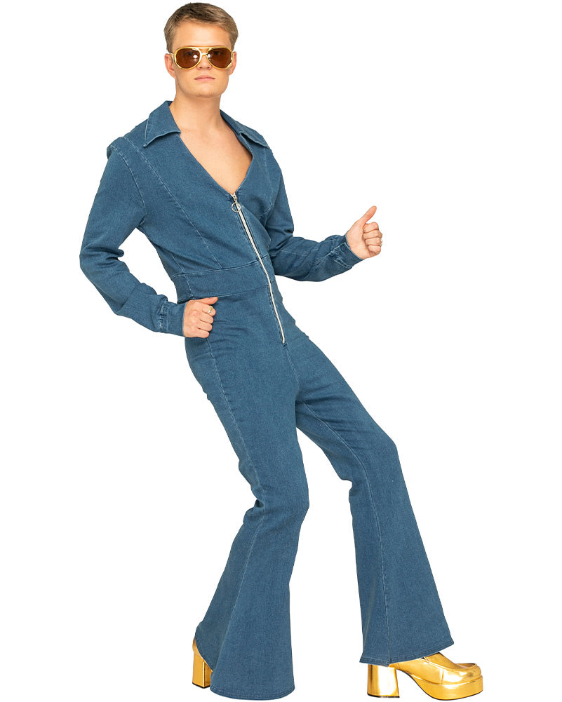Vintage 70s Studded Denim Jumpsuit for Women - Retro Rocker Chic Outfit for Concerts, Parties & Halloween Costumes