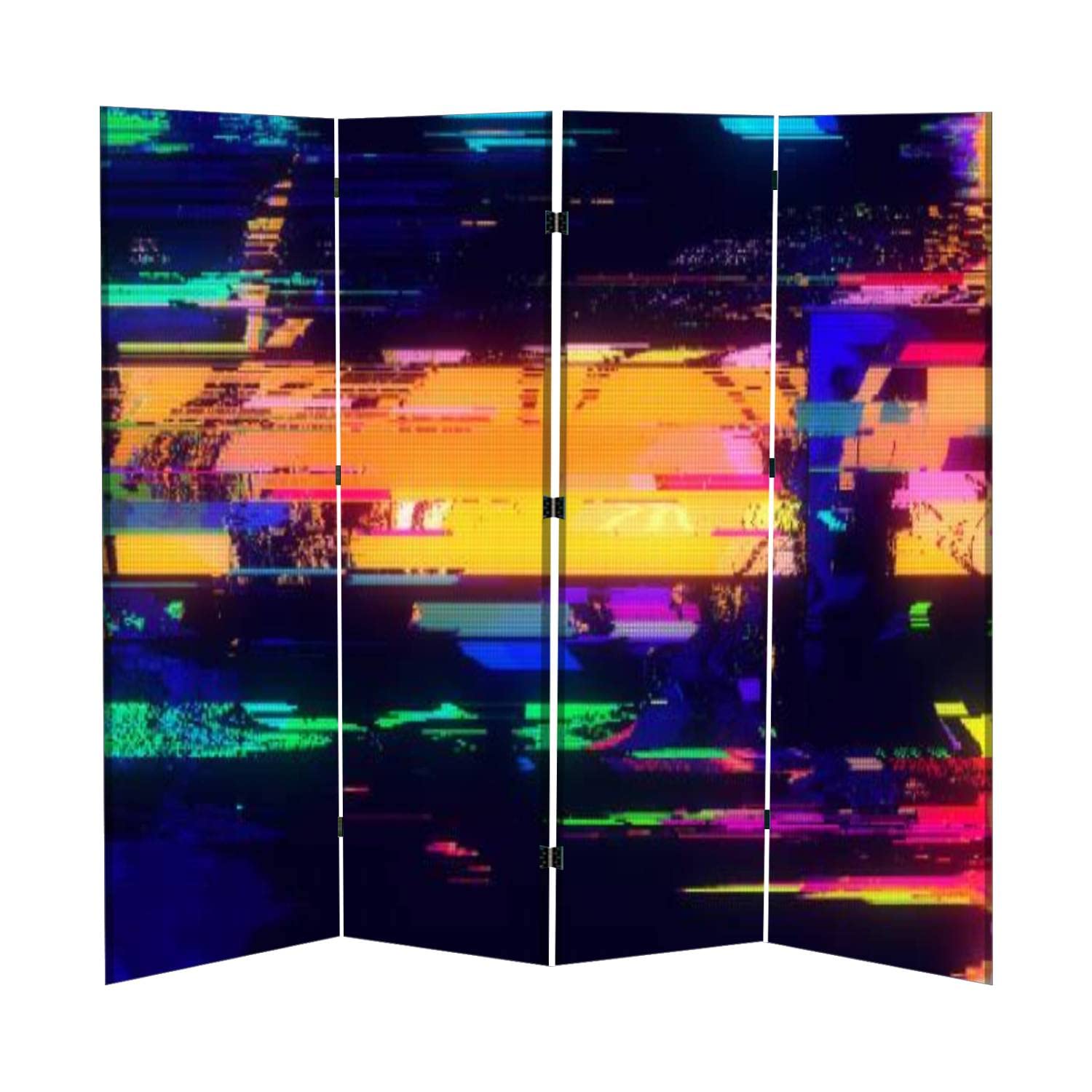 Abstract Pixel Noise Glitch Room Divider - 4 Panel Folding Privacy Screen for Living Room & Bedroom | Unique Video Damage Wall Canvas Design for Home Office & Studio Separation
