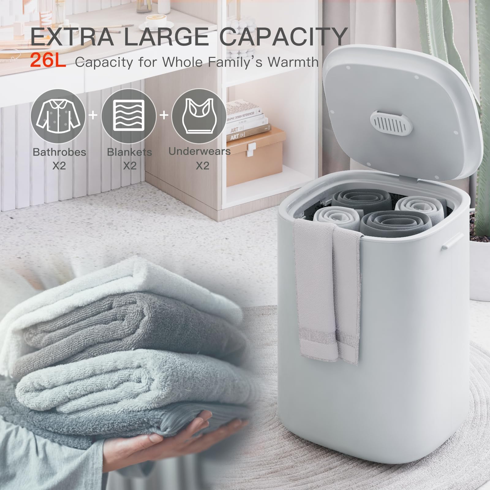 Premium 26L Large Towel Warmer Bucket with LED Display - Adjustable Heat Timer (20/40/60 Min), 24H Delay Function - Fits 2 Oversized Towels, PJs & Bathrobes - Perfect for Spa, Salon & Luxury Bathroom (Pure Gray, Model A17)