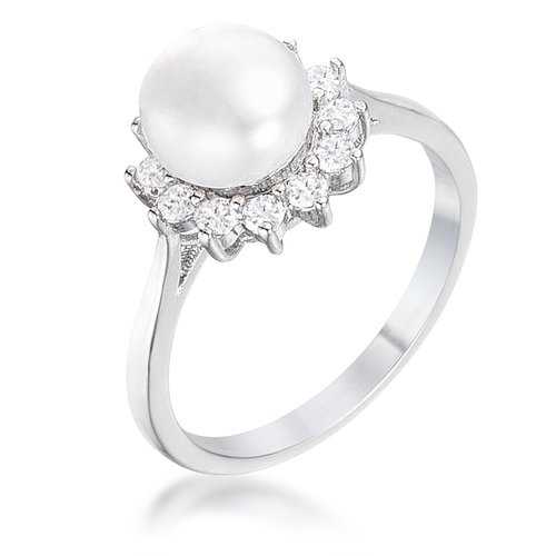 0.36Ct Rhodium Plated Freshwater Pearl and Cubic Zirconia Halo Ring - Elegant Jewelry for Weddings, Anniversaries & Special Occasions