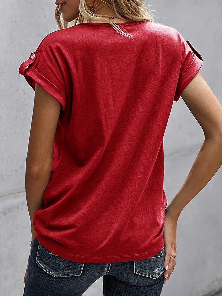 Women's V-Neck Button-Up Henley T-Shirts - Summer Short Sleeve Loose Casual Blouse with Rolled Sleeves | Perfect for Beach Outings, Weekend Wear & Casual Office Looks