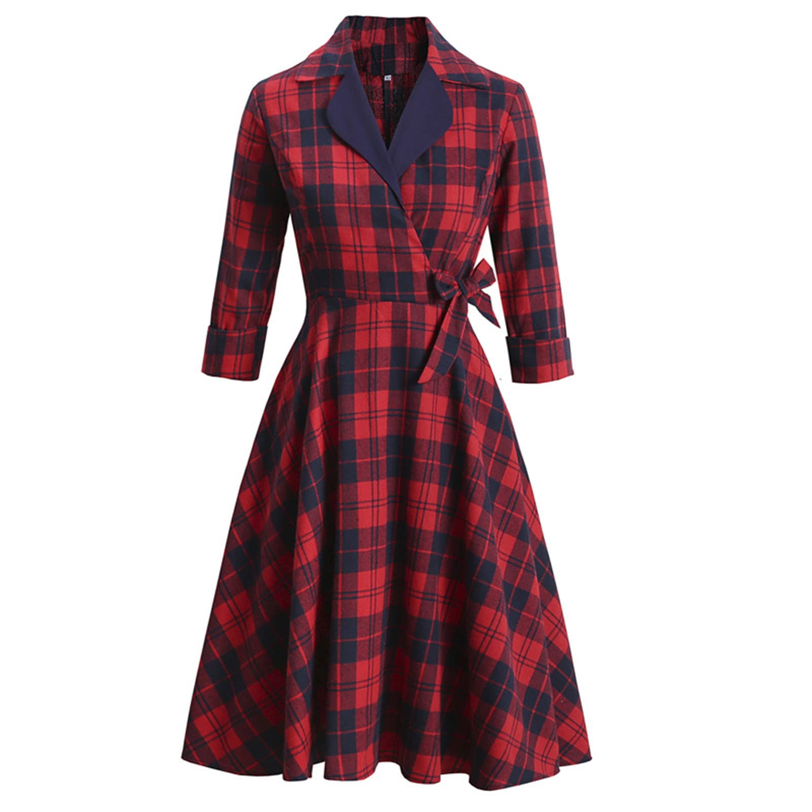 Vintage Hepburn Style 3/4 Sleeve Cocktail Dress for Women - Elegant Lapel Plaid Tea Dress for Wedding Guest, Party & Special Occasions