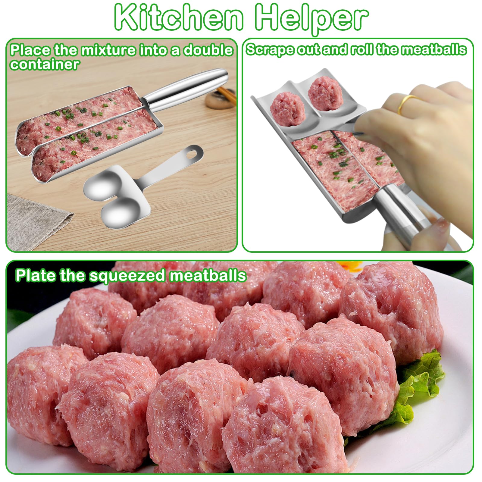 Stainless Steel Meatball Maker Tool - Non-Stick Meatball Scoop with Spatula - Double Tube Mini Meatball Machine for Fast & Easy Meatball Making - Perfect for Home Cooking, Meal Prep, and Italian Cuisine