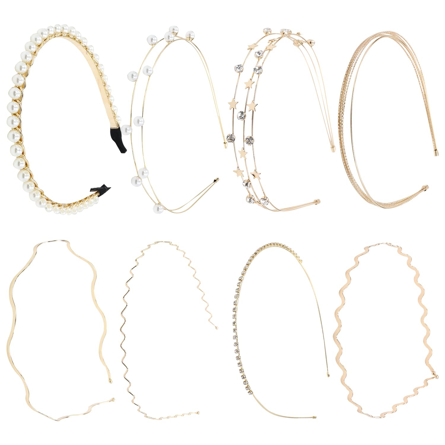 Lawie 8 Pack Skinny Rhinestone Pearl Sparkly Delicate Gold Metal Headbands - Glitter Hair Bands for Women, Slim Thin Hard Hair Hoops, Crown Tiara Hair Holder Headpieces - Perfect for Weddings, Parties & Special Occasions