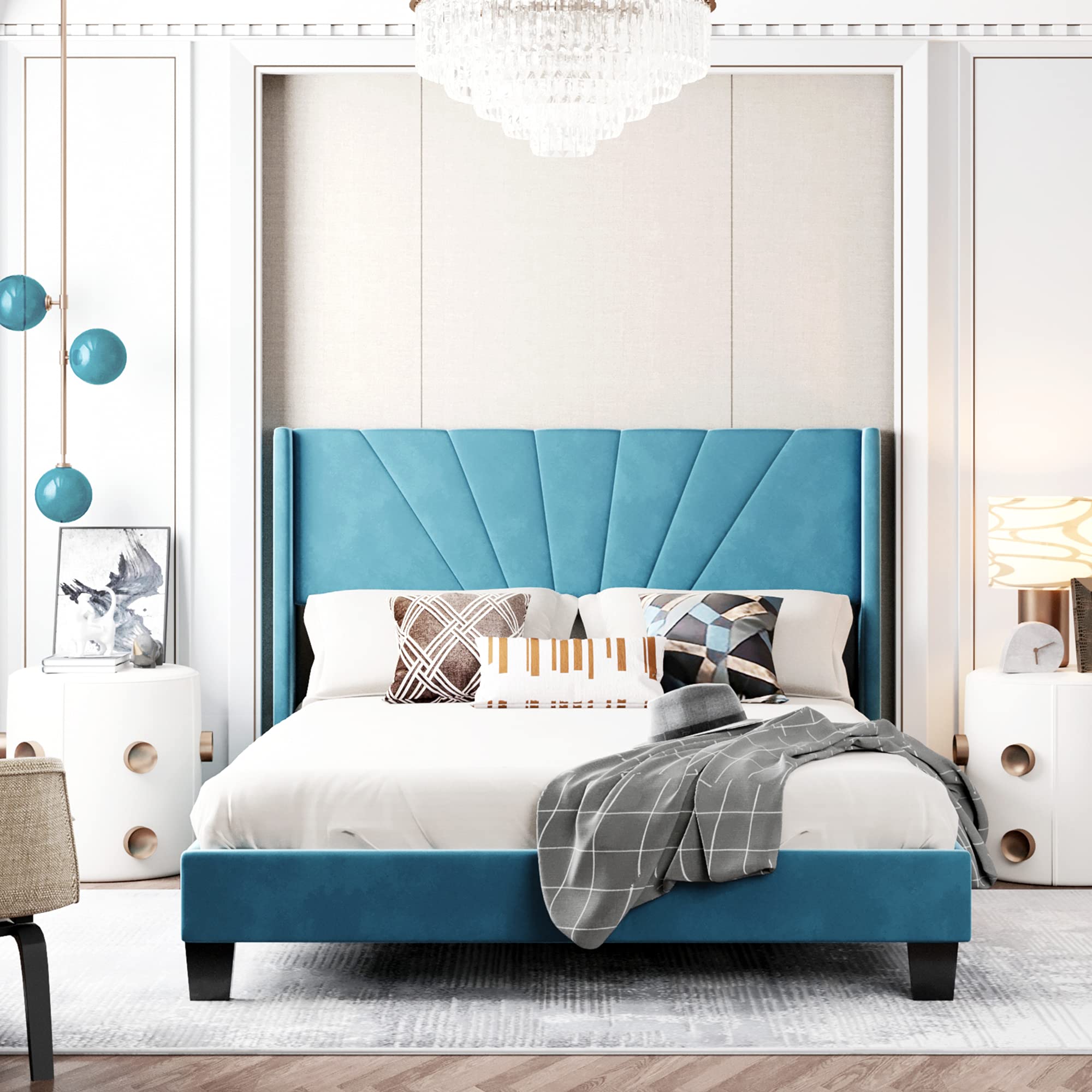 Blue Velvet Upholstered Queen Platform Bed Frame with Wooden Slats & Stylish Headboard - Modern Bedroom Furniture for Guest Rooms & Master Suites | Queen Size Bed with Luxurious Velvet Fabric for Elegant Home Decor