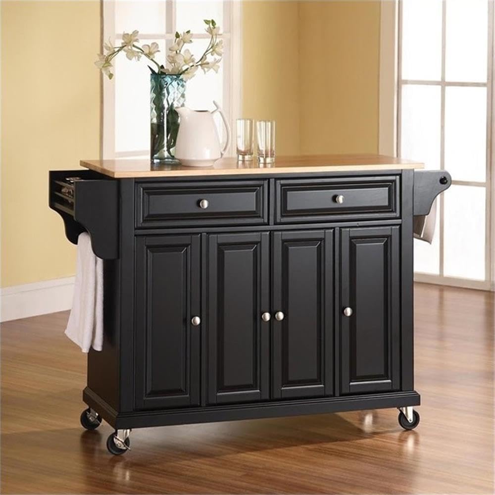 Crosley Wood Top Rolling Kitchen Island Cart - Full Size Microwave Stand with Spice Rack, Black | Perfect for Small Kitchen Storage & Food Prep Station