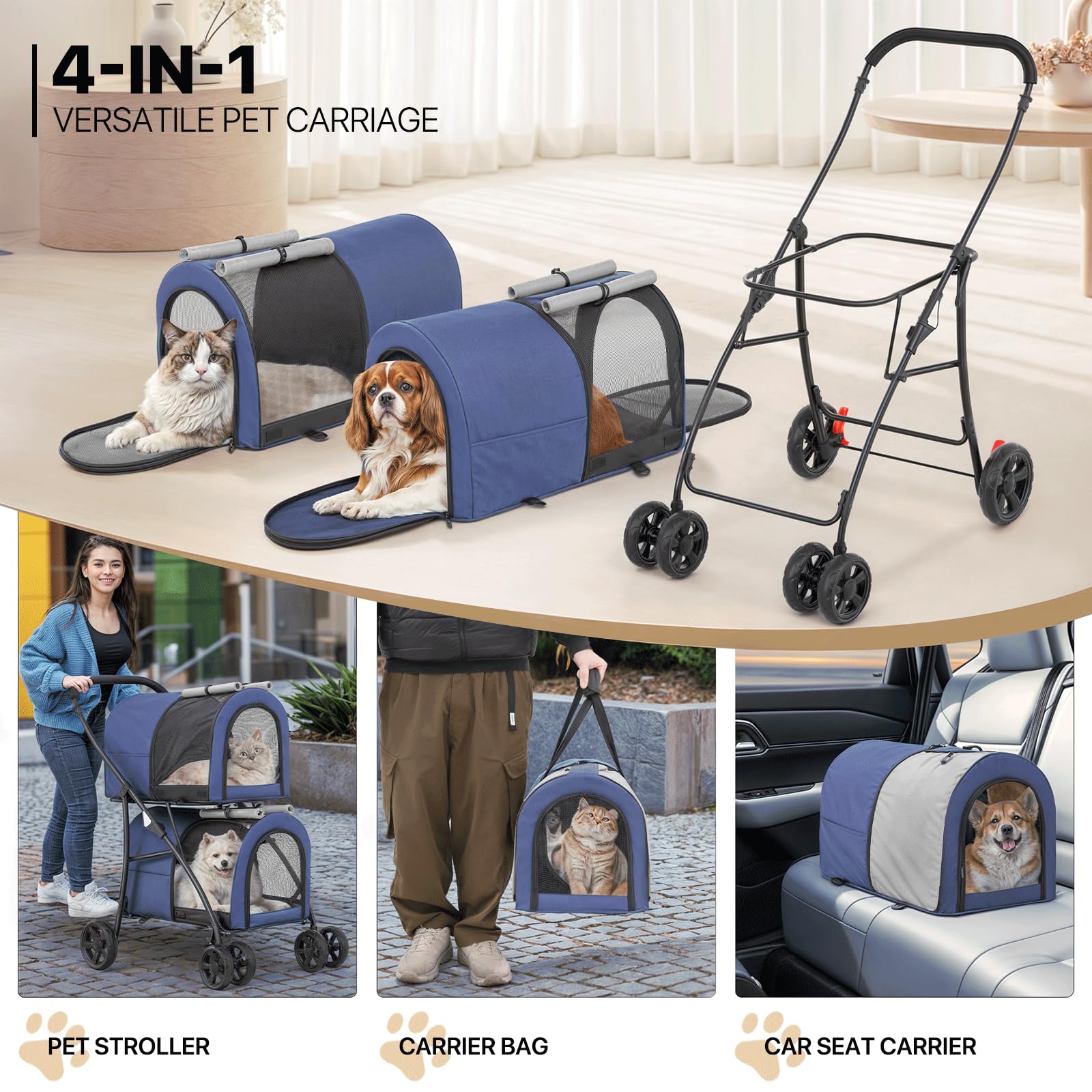 MoNiBloom Double Dog Stroller with Detachable Carrier Bags - Large 4-Wheel Foldable Pet Jogger for Small & Medium Dogs & Cats (Navy Blue/Gray) - Perfect for Outdoor Walks, Park Visits & Vet Appointments
