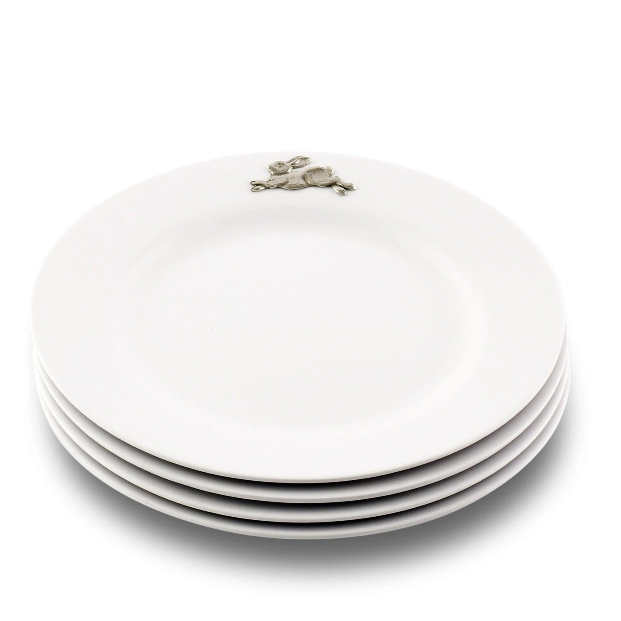 Premium White Melamine Dinner Plates Set of 10 with Elegant Pewter Rabbit Design - Perfect for Easter, Wedding, and Holiday Table Settings