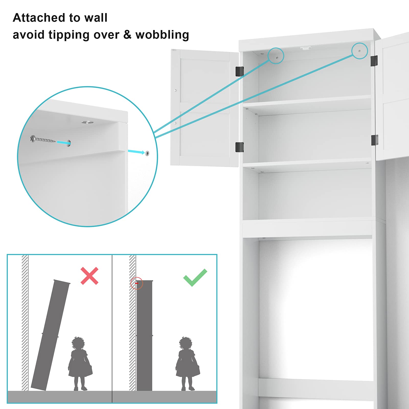 SRIWATANA Over The Toilet Storage Cabinet - White Bathroom Space Saver with Adjustable Shelves, 2-Door Organizer for Toilet Paper & Bath Essentials - Perfect for Small Bathrooms & Apartment Living