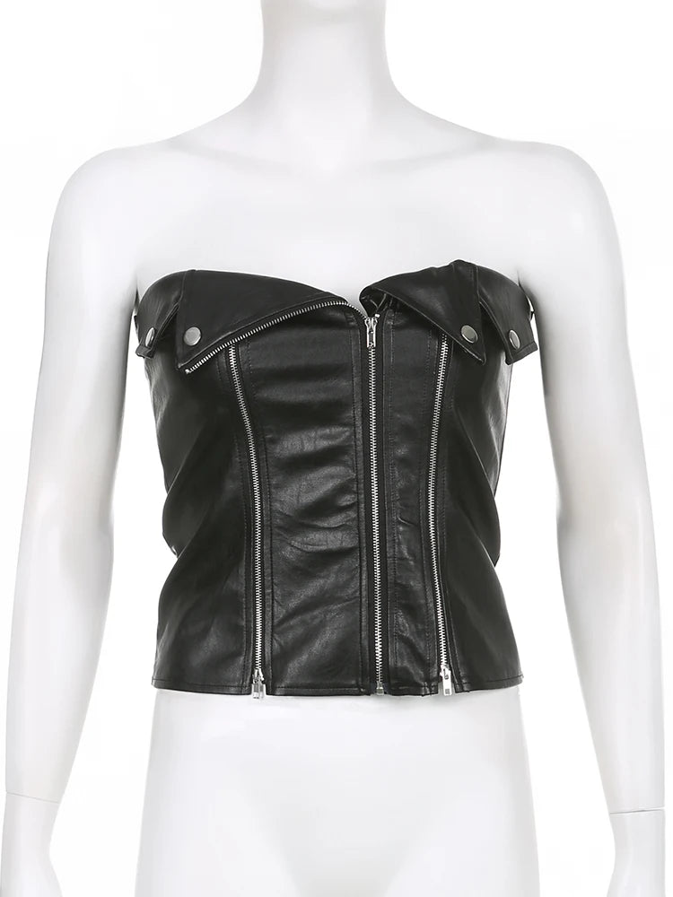 Sexy Asymmetrical PU Leather Strapless Crop Top for Women - Clubwear, Bodycon Vest, Party Tube Top | Perfect for Night Out, Clubbing, and Festivals