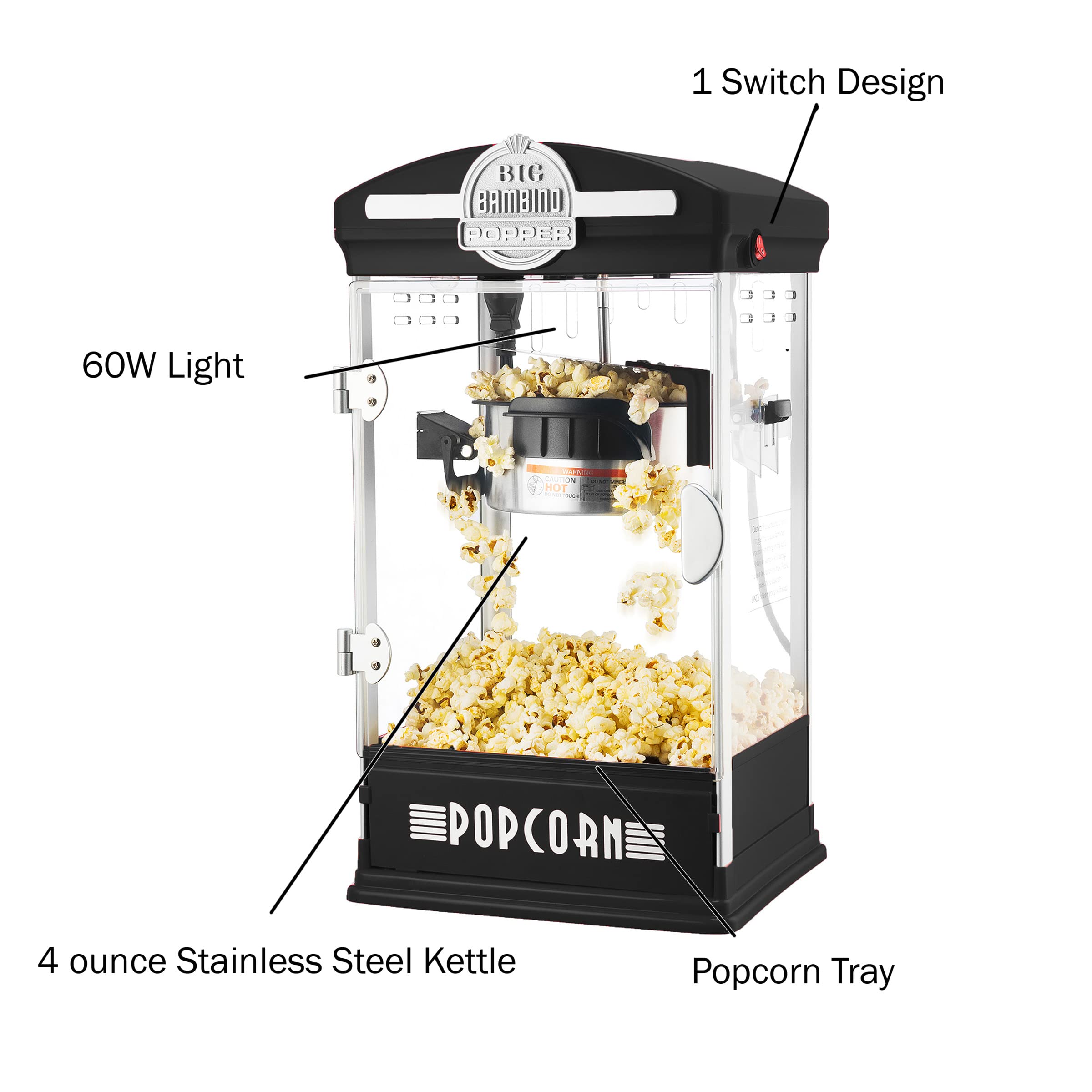 Great Northern Popcorn Black Big Bambino Old-Fashioned Popcorn Machine - 4-Ounce Kettle with Measuring Cups, Scoop & Serving Bowls - Perfect for Movie Nights, Parties & Home Theater Snacks