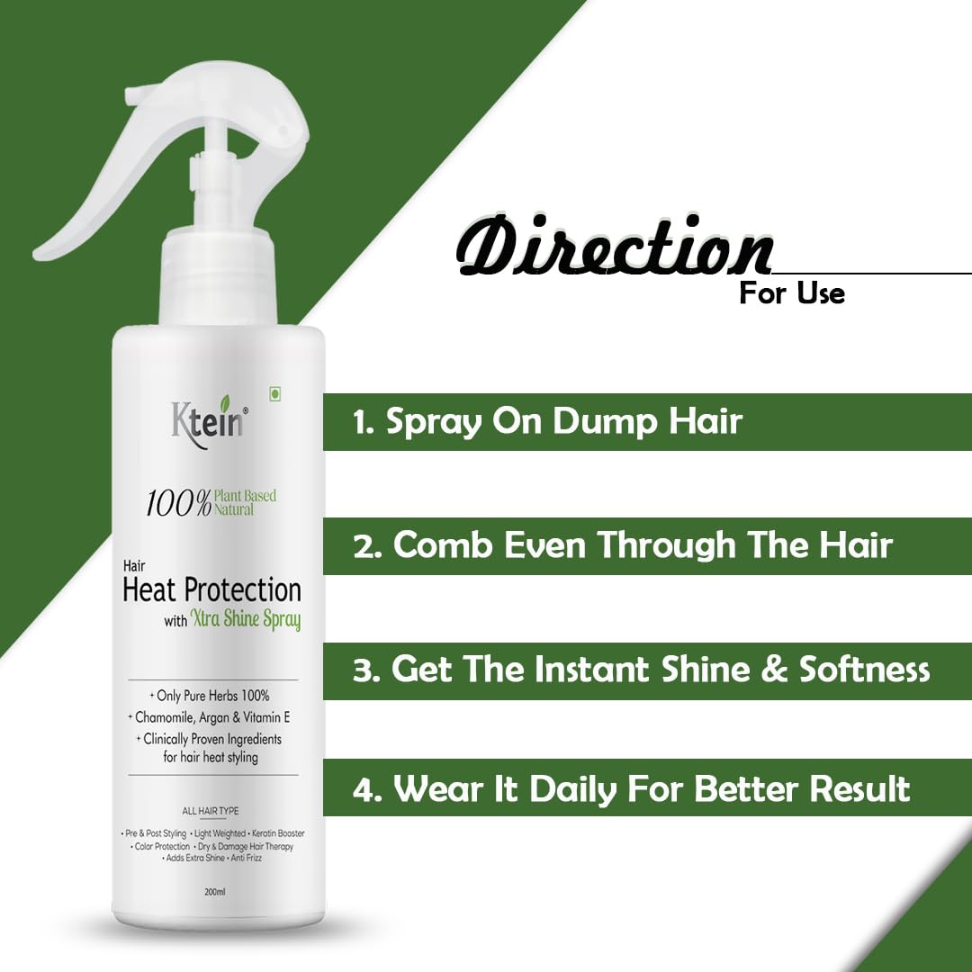 Ktein 100% Plant-Based Natural Hair Heat Protection Spray with Extra Shine (200ml) - Vegan, Sulfate-Free Styling for Curly, Straight & Damaged Hair - Perfect for Blowouts, Flat Ironing & Daily Styling