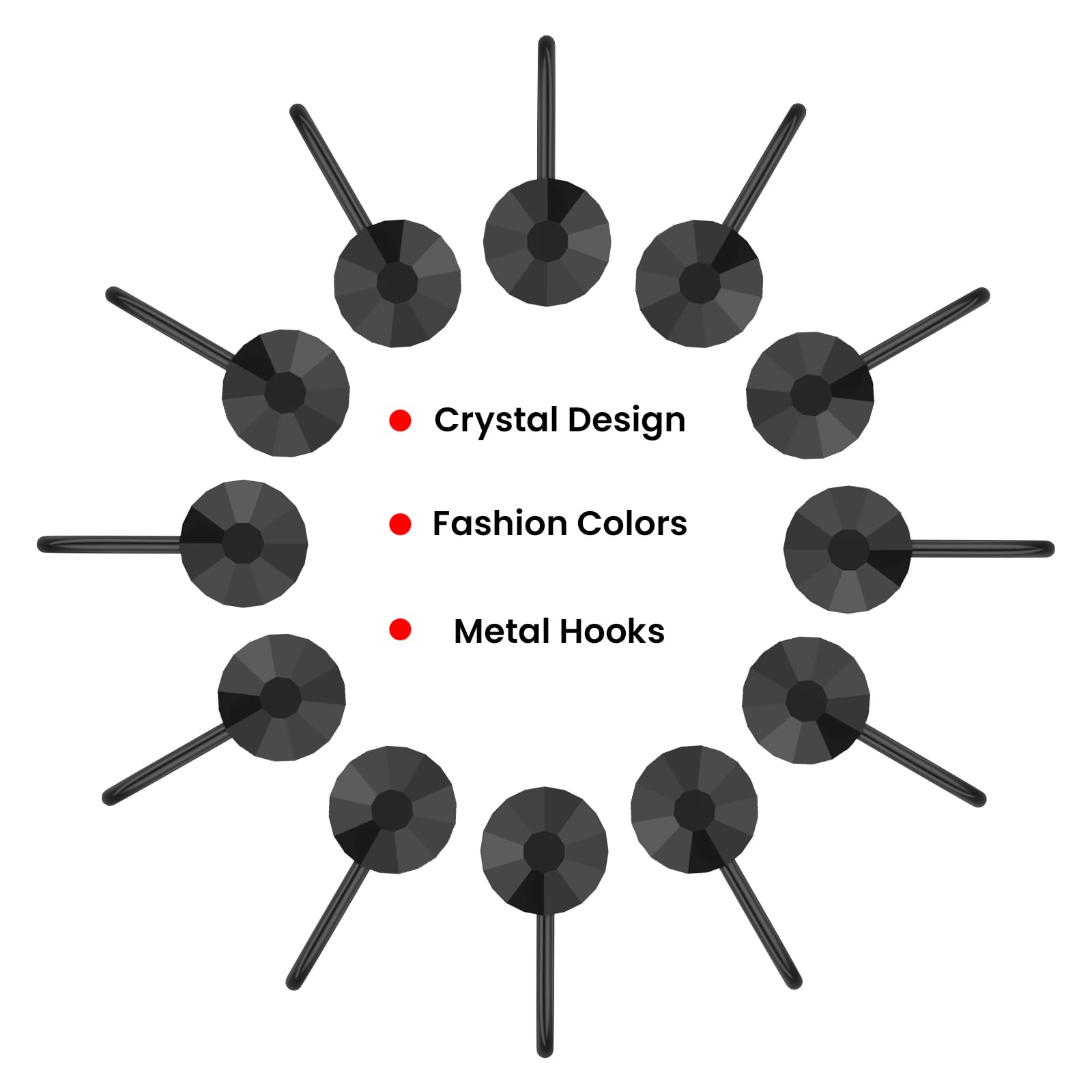 12PCS Diamond Crystal Shower Curtain Hooks - Black Bathroom Decor for Shower Curtains & Rods - Elegant Diamond Shaped Hooks for Stylish Bathroom Upgrade - Perfect for Home, Hotel, and Spa Decor