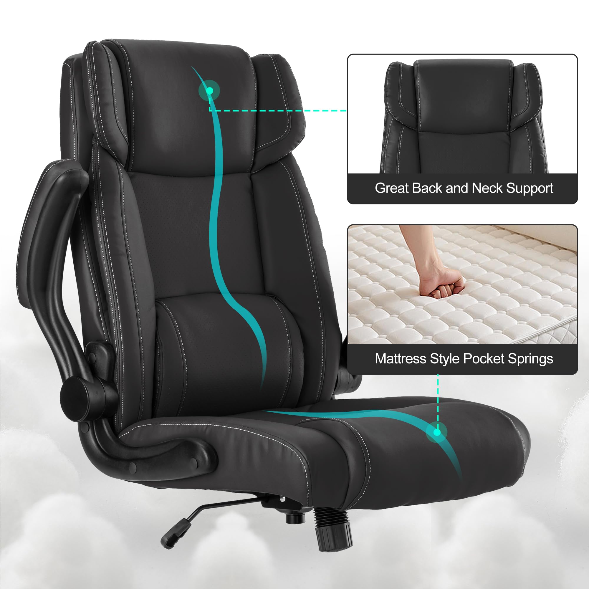 Ergonomic Mid Back Executive Leather Office Chair - Adjustable Flip-Up Arms & Rocking Function - Comfortable Computer Desk Chair for Home & Office Workspace (Black) - Perfect for Long Hours of Work, Gaming, and Video Conferencing
