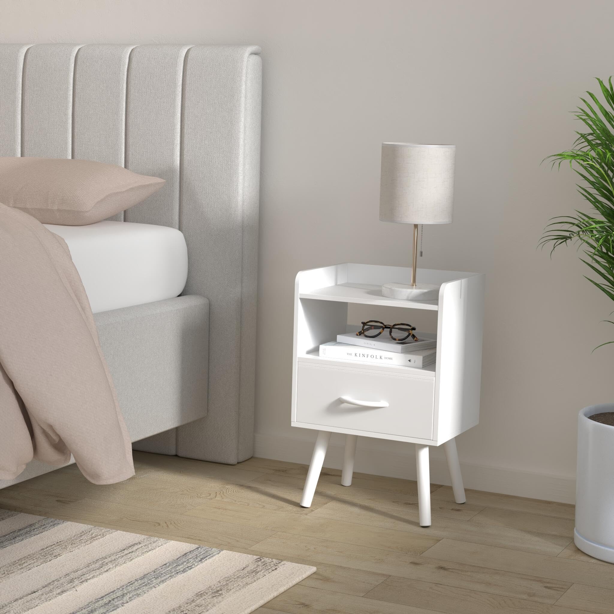 Yoobure Modern Nightstand with Drawer - Mid Century Bedside Table with Open Storage Shelf & 2-Tier Design, Solid Wood Small Night Stand for Bedroom - Perfect for Storing Books, Lamps & Bedroom Essentials
