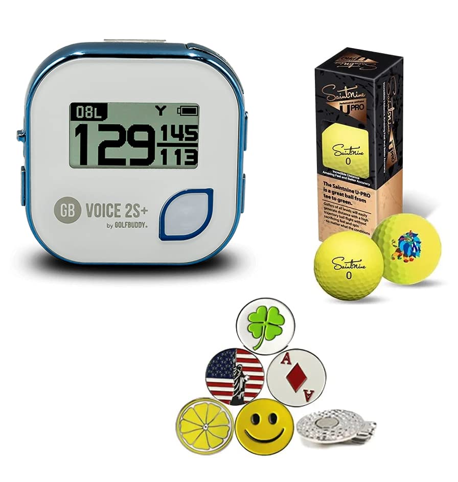 GolfBuddy Voice 2S+ Golf GPS Rangefinder with Magnetic Hat Clip & 5 Ball Markers - Saintnine 3 Ball Sleeve Included | Accurate Distance Measurement for Golfers | Perfect for Course Play & Practice Sessions