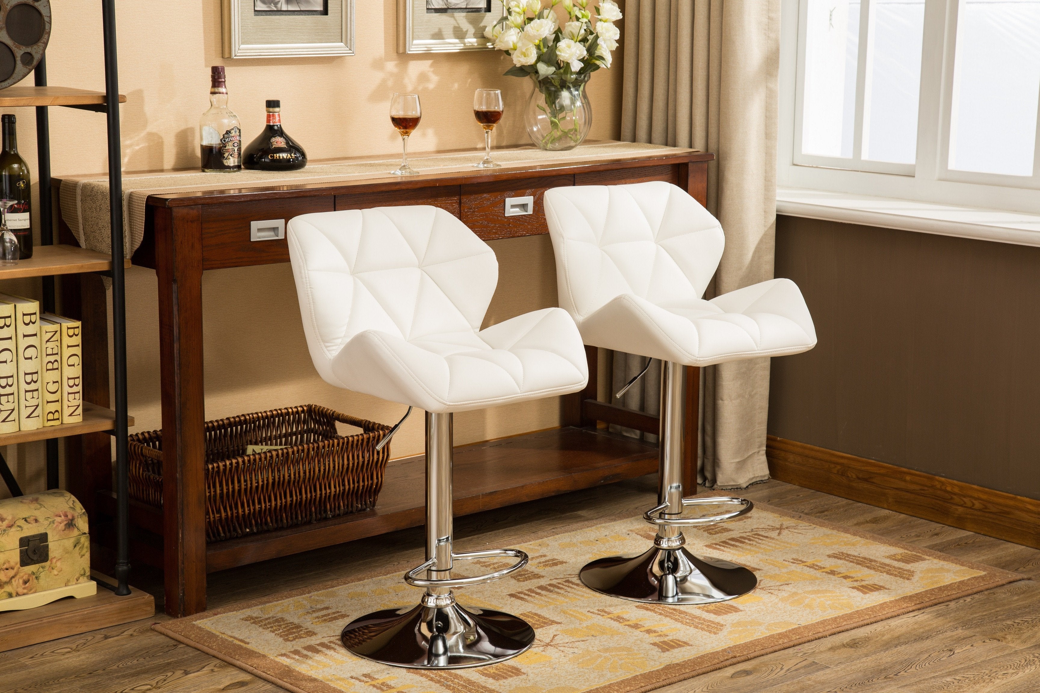 Roundhill Furniture Glasgow Contemporary Tufted Adjustable Height Hydraulic Bar Stools, White, Set of 2 - Perfect for Kitchen Island, Home Bar & Modern Dining Room Decor