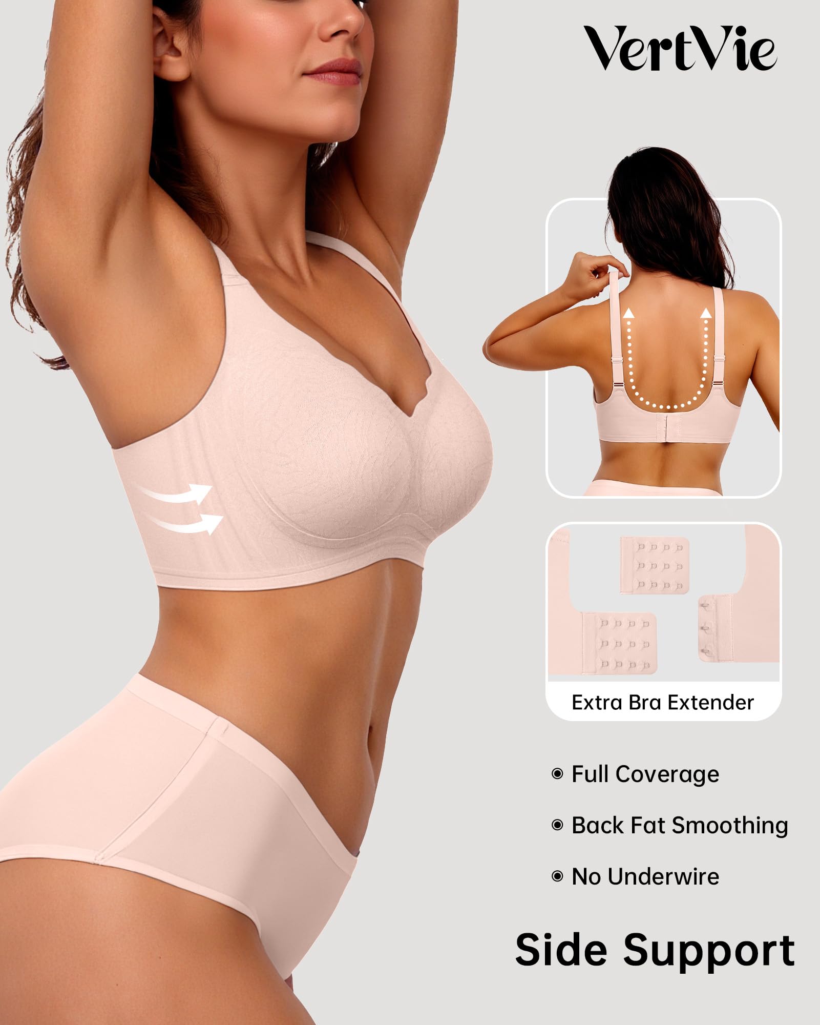 Vertvie Seamless Push-Up Bras for Women - Wire-Free Supportive Bras with Smoothing Back - Comfortable & Breathable - Nude Jacquard XX-Large - Perfect for Everyday Wear, Workouts & Special Occasions