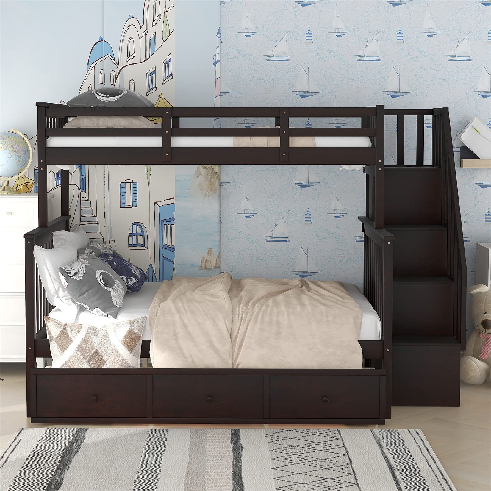 Twin Over Full Bunk Bed with Stairs & Storage - Wooden Frame for Kids Teens - Perfect for Small Bedrooms & Shared Spaces